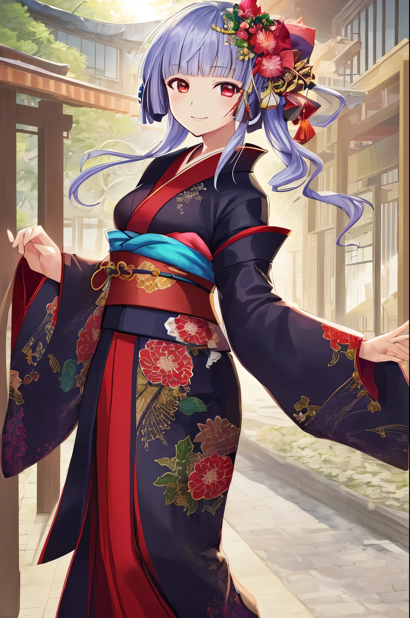 masterpiece, highres, best quality, 2girl, kamisato_ayaka, smile, kimono  