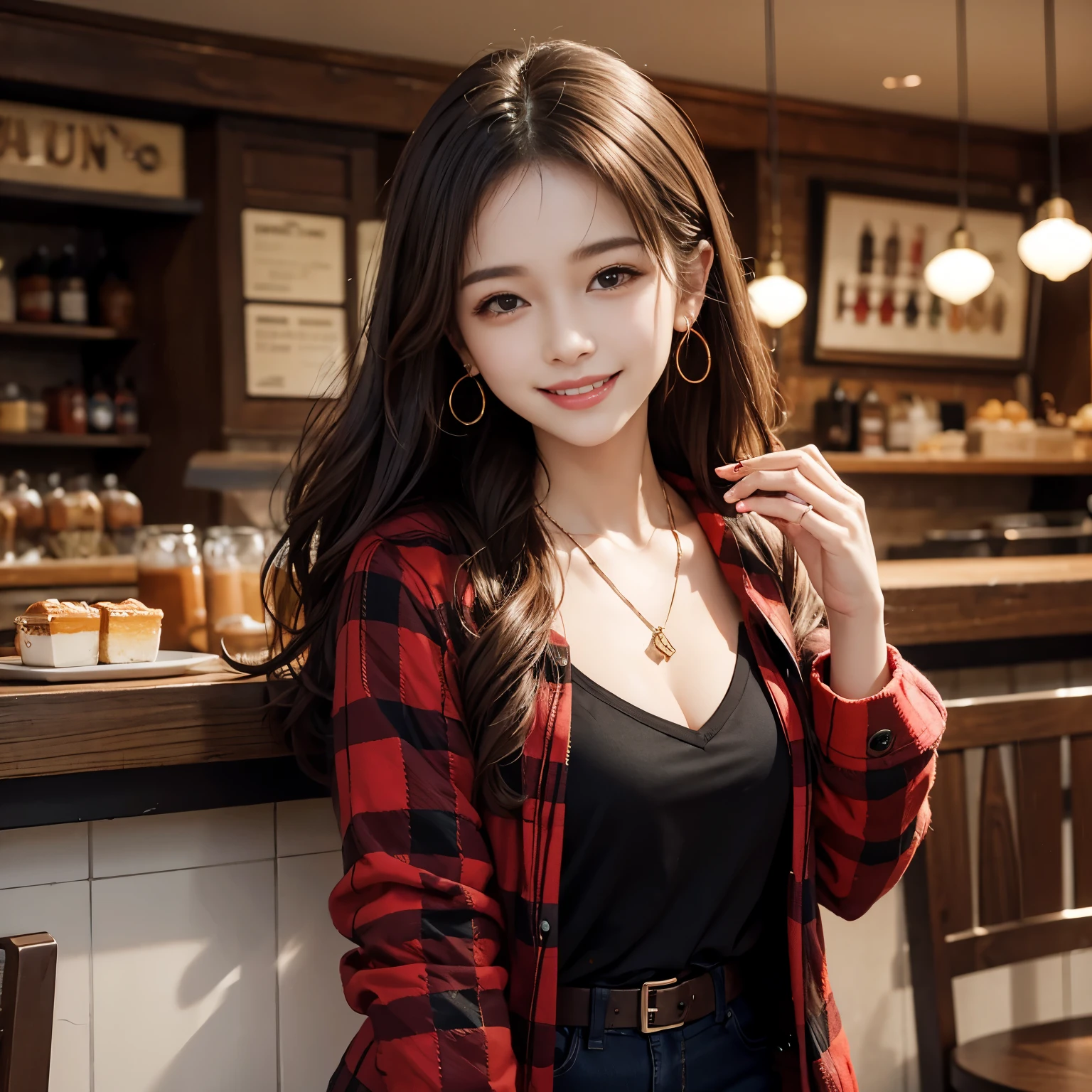 1girl, cafe, red flannel jacket, earrings, necklace, smile