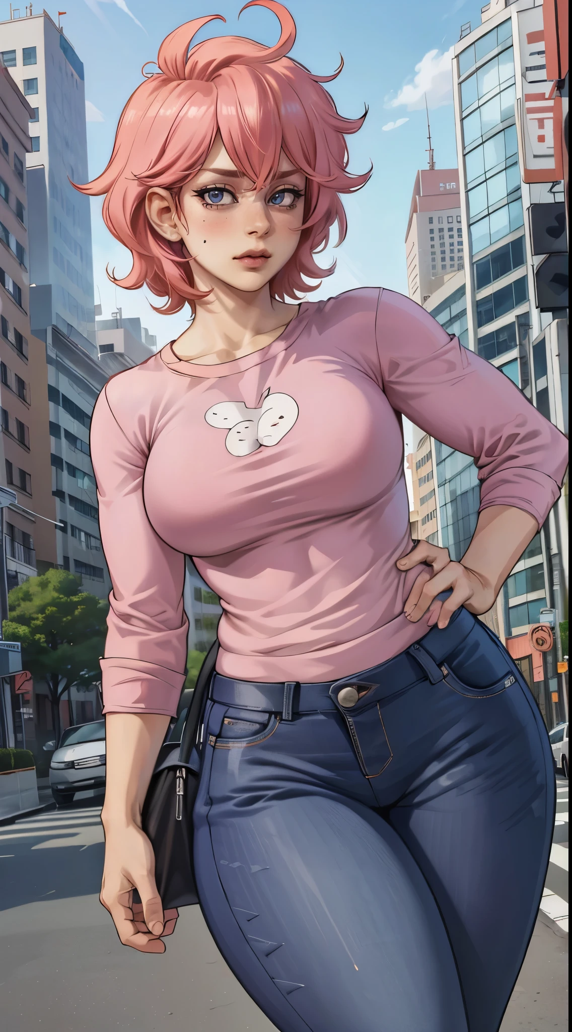 (best quality:1.3), (4k quality), 1 mature woman, Mina Ashido by boku no hero, ((Detailed face)), (blush), city, (pants leather)
