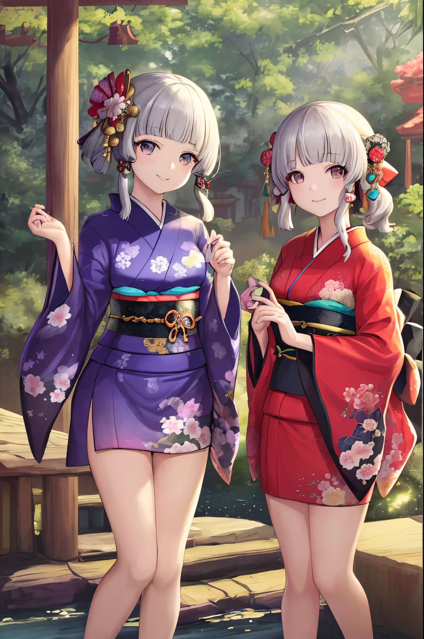 masterpiece, highres, best quality, 2girl, kamisato_ayaka, smile, kimono  