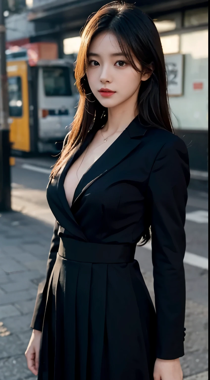 Slender Asian girl, kpop idol, ((school uniform)), ((top quality, 8k, masterpiece: 1.3)), crisp focus: 1.2, beautiful woman with perfect figure: 1.4, ighly detailed face and skin texture, detailed eyes, skinny, beautiful face, symmetrical face, full-length, very naked, sexy, hot girl, deep cleavage, boobs are visible, Black dress, outdoor