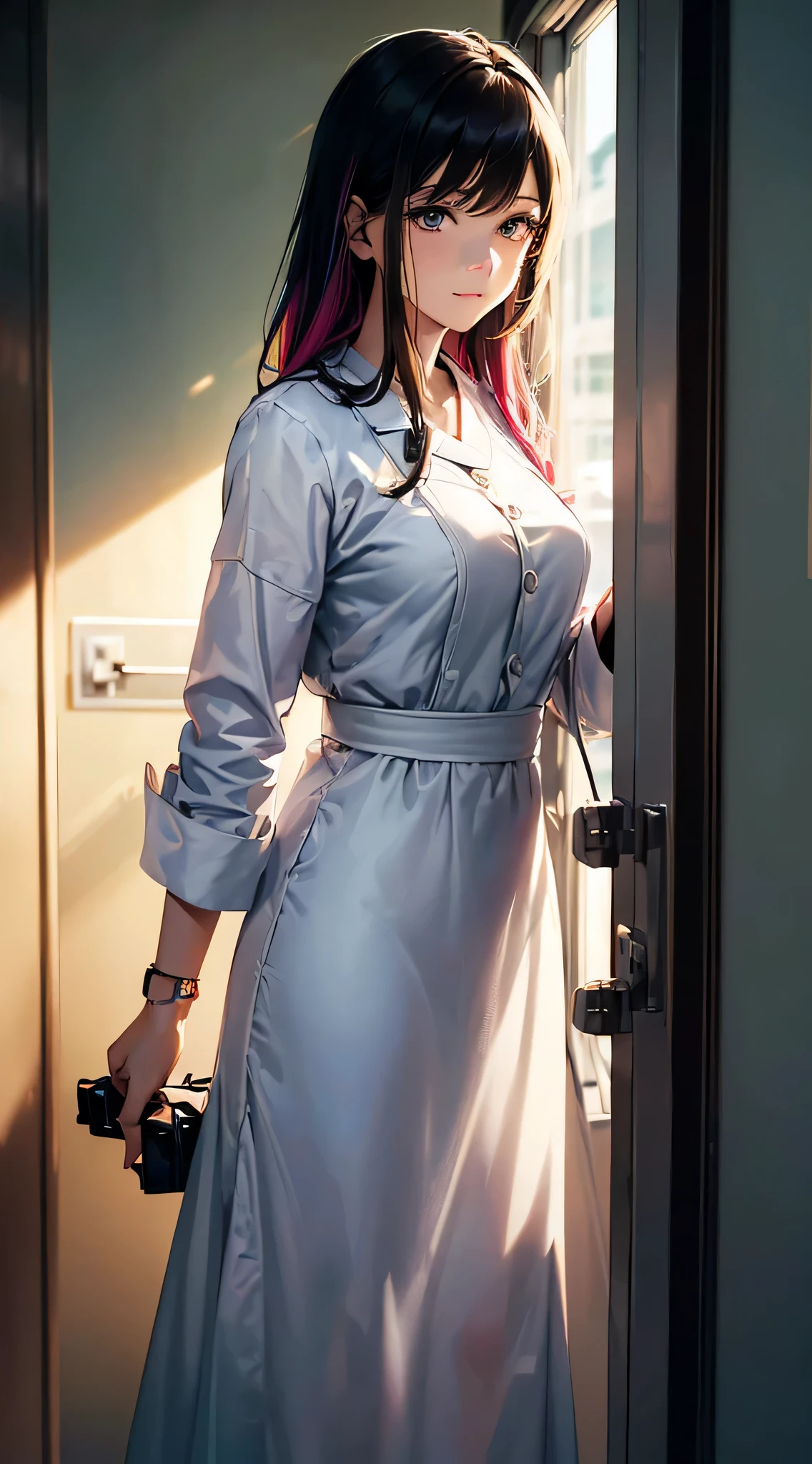 (Horizontal light and shadow, ultra high definition, higher, super detailed,masterpiece，rich and colorful，many details),((Hospital ward during the day,1.2)),A woman wearing a white dress，open ward door，rush out of the house，Medium shots and close-ups