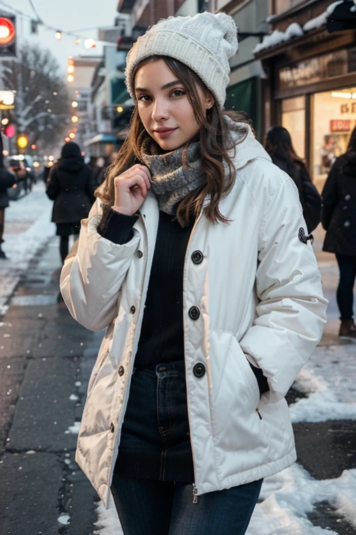 Generate an ultra-realistic image capturing the beauty of a woman in an everyday scenario. Showcase the subject's urban street style fashion, ensuring a vibrant and youthful appearance. Pay special attention to the authenticity of the scene, incorporating a mix of confident and relaxed poses with a warm, inviting ambiance. Winter scenario. Snowy scenario.