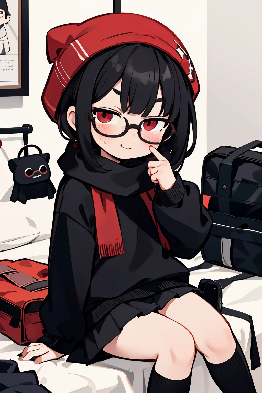 (masterpiece), best quality, expressive eyes, perfect face, loli, red eye, black beanie, fluffy cut black hair, black scarf, tool bag black, black school sweater, short skirt, Round Glasses Black, sitting on bed, white skin, smug face, 1person,