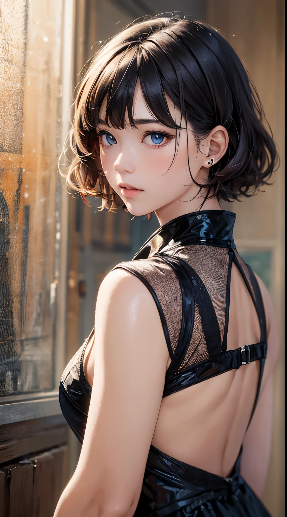 1 girl in, (((short hair))), qipao dress,(Masterpiece, top quality, Near and far law, depth of field:1.5), beautiful face, 8k, original photo, human development report, Realism, film particles, Color difference, high resolution, Super detailed, fine details, dynamic lighting, dramatic lighting、gloomy、Extremely detailed eyes and face、round pupils、realistic student、clean background