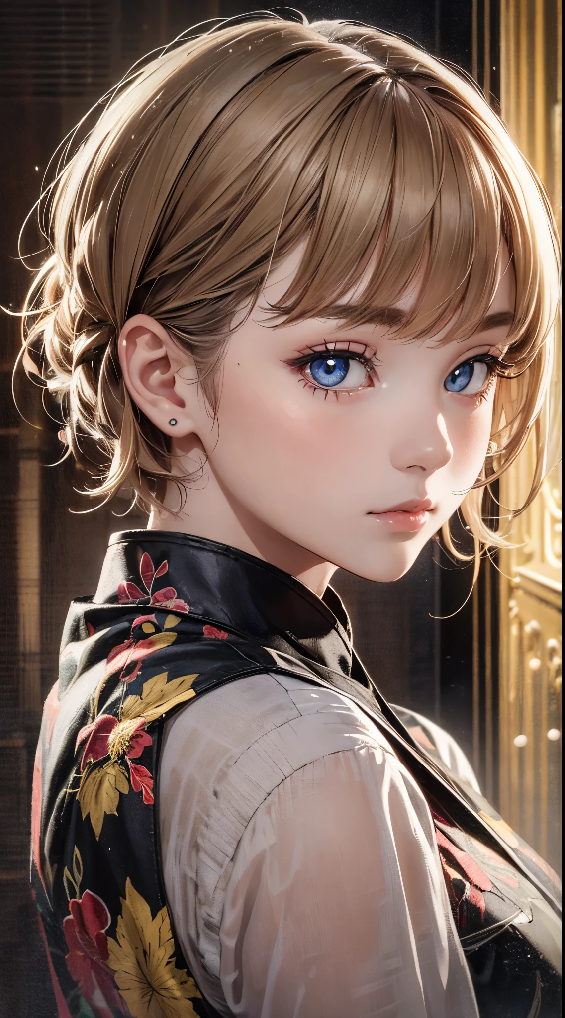 1 girl in, (((short hair))), qipao dress,(Masterpiece, top quality, Near and far law, depth of field:1.5), beautiful face, 8k, original photo, human development report, Realism, film particles, Color difference, high resolution, Super detailed, fine details, dynamic lighting, dramatic lighting、gloomy、Extremely detailed eyes and face、round pupils、realistic student、clean background