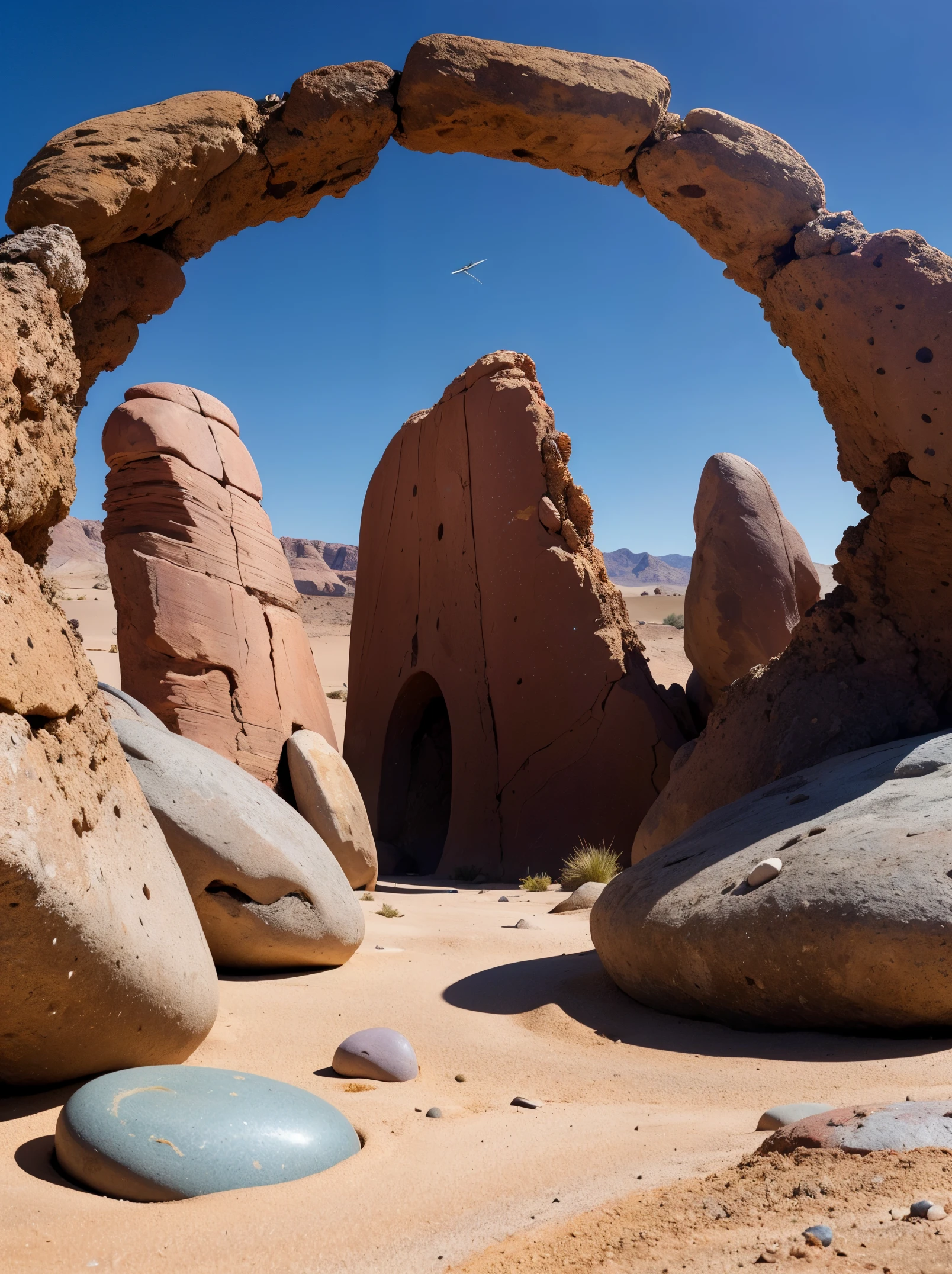 Masterpiece, ultra realistic, from ground, a Stargate in a desert area, with rocks and pebbles, mini-tornadoes in the distance. Foreground blurry rocks.