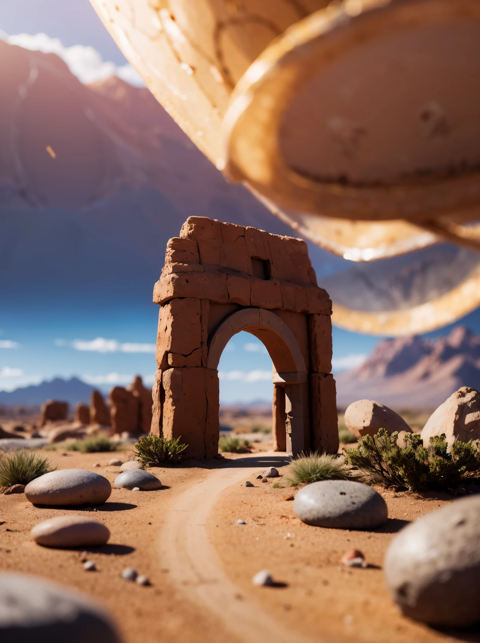 Masterpiece, ultra realistic, from ground, a Stargate in a desert area, with rocks and pebbles, mini-tornadoes in the distance. Foreground blurry rocks.