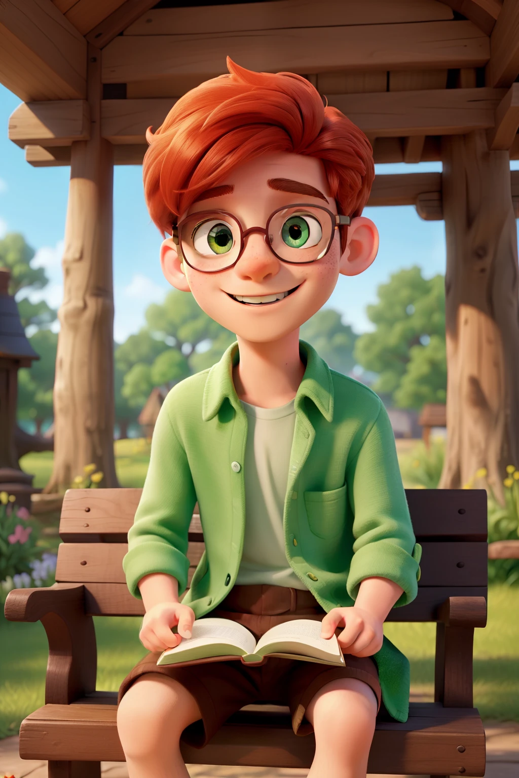 In this remarkable depiction, we find young Tommy, a cheerful and freckled boy , adorned with a radiant smile that illuminates his face. His fiery red locks dance with joy, framing his lively green eyes that shine with curiosity. Tommy's youthful charm is accentuated by his round spectacles, which add a touch of intellectual curiosity to his endearing character.

Seated on a picturesque wooden bench in a tranquil park, Tommy finds solace in the company of a whimsical squirrel. Both engrossed in a collection of enchanting tales, their imaginations take flight as they explore the realms of magical stories. The pages of the book seem to come alive, as vibrant colors and intricate details leap off the pages, creating a hyper