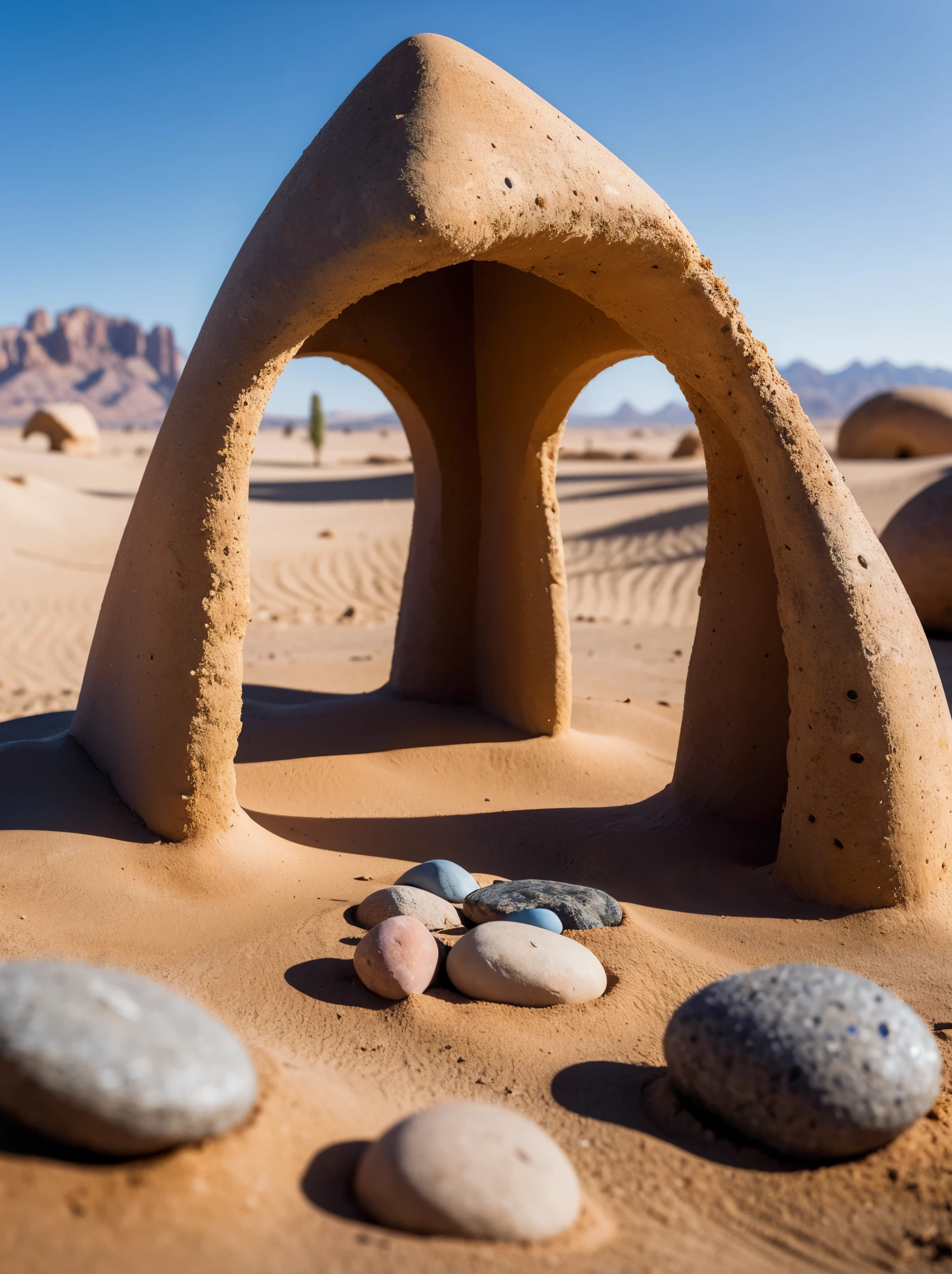 Masterpiece, ultra realistic, from ground, a Stargate in a desert area, with sand and pebbles, and mini-tornadoes in the distance. Foreground blurry rocks.