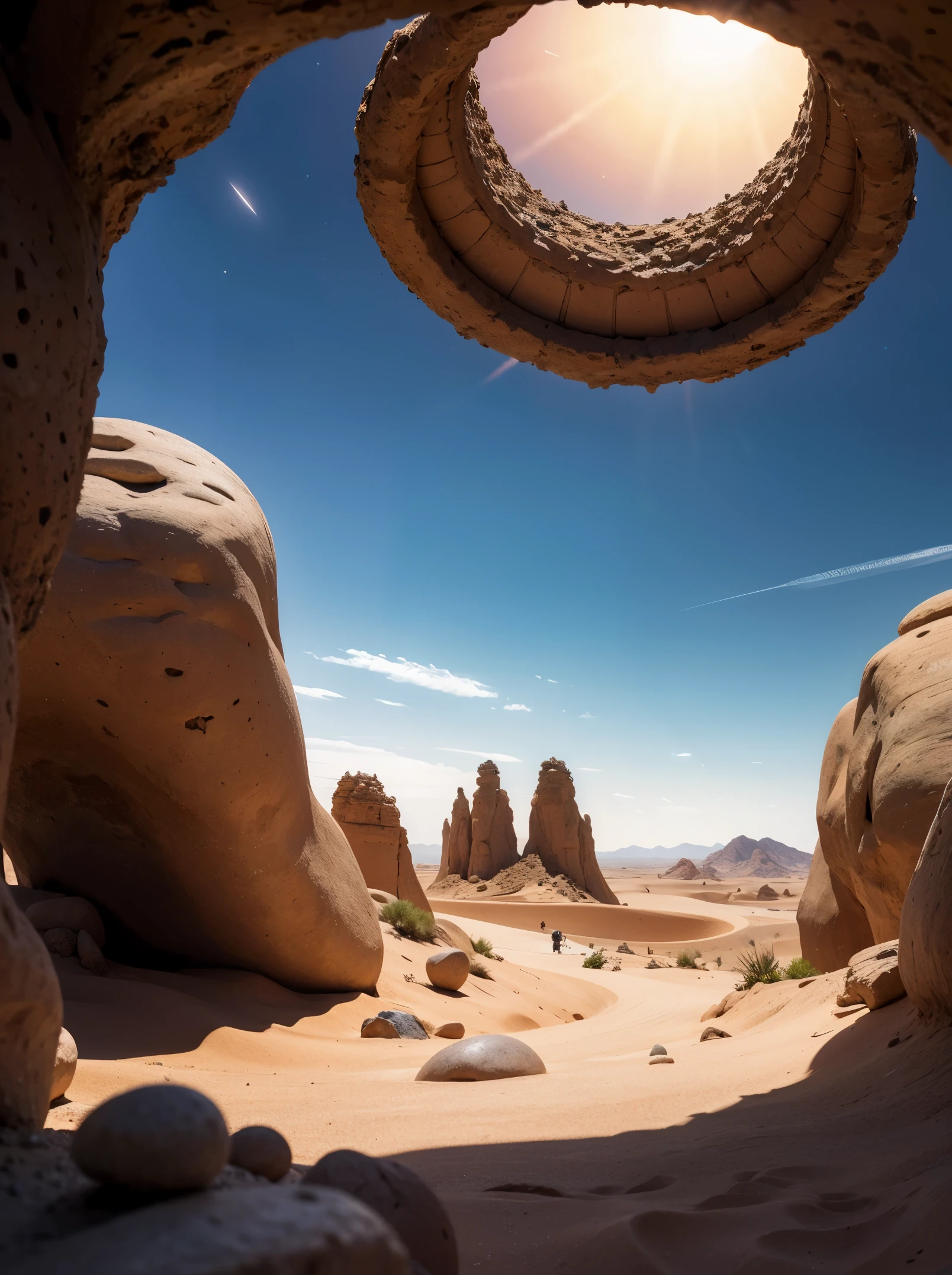 Masterpiece, ultra realistic, from ground, a Stargate in a desert area, with sand and pebbles, and mini-tornadoes in the distance. Foreground blurry rocks.