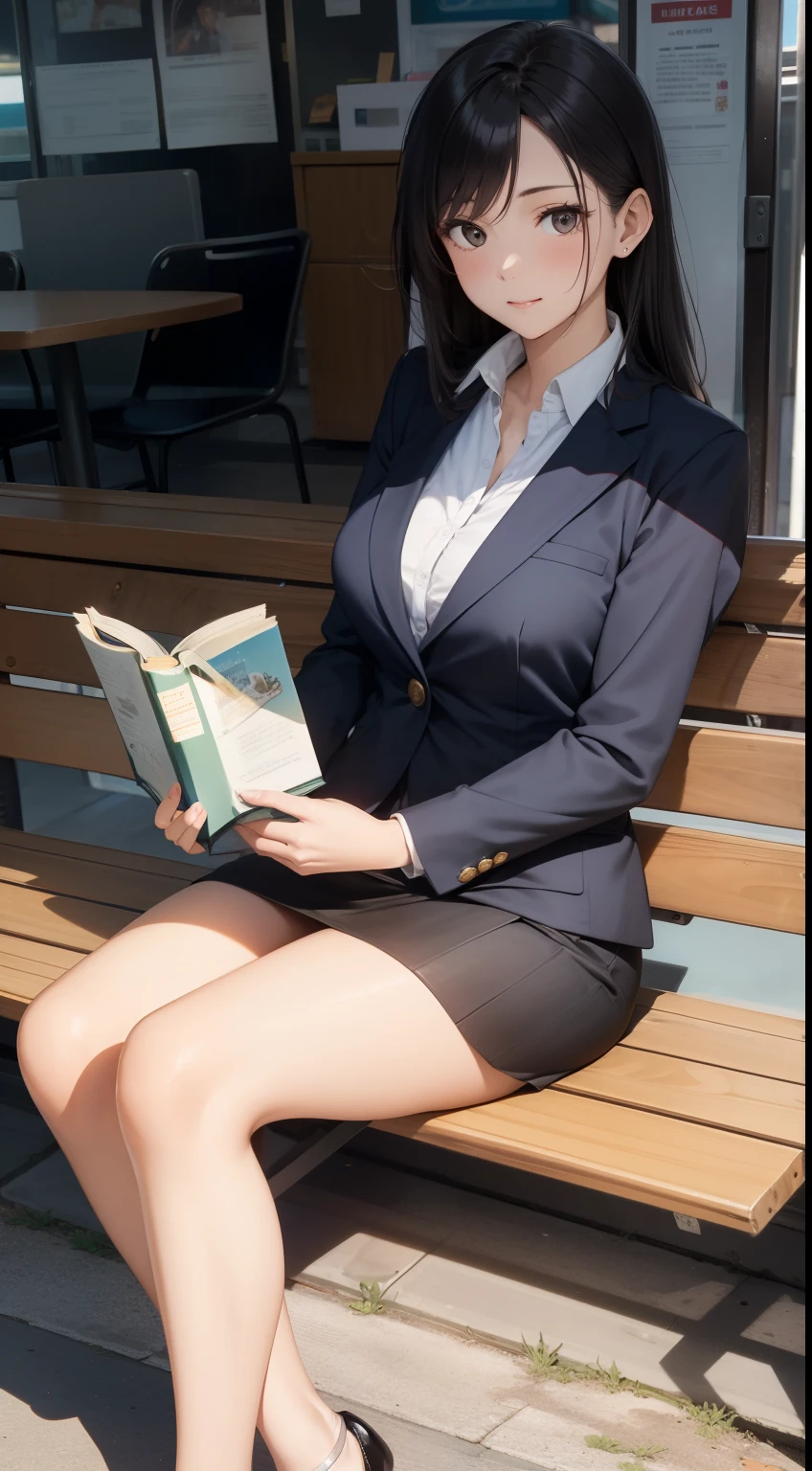 A lovely 35-year-old lady wearing a business suit and tight skirt is sitting on a horizontal wooden bench at the station, reading a book.