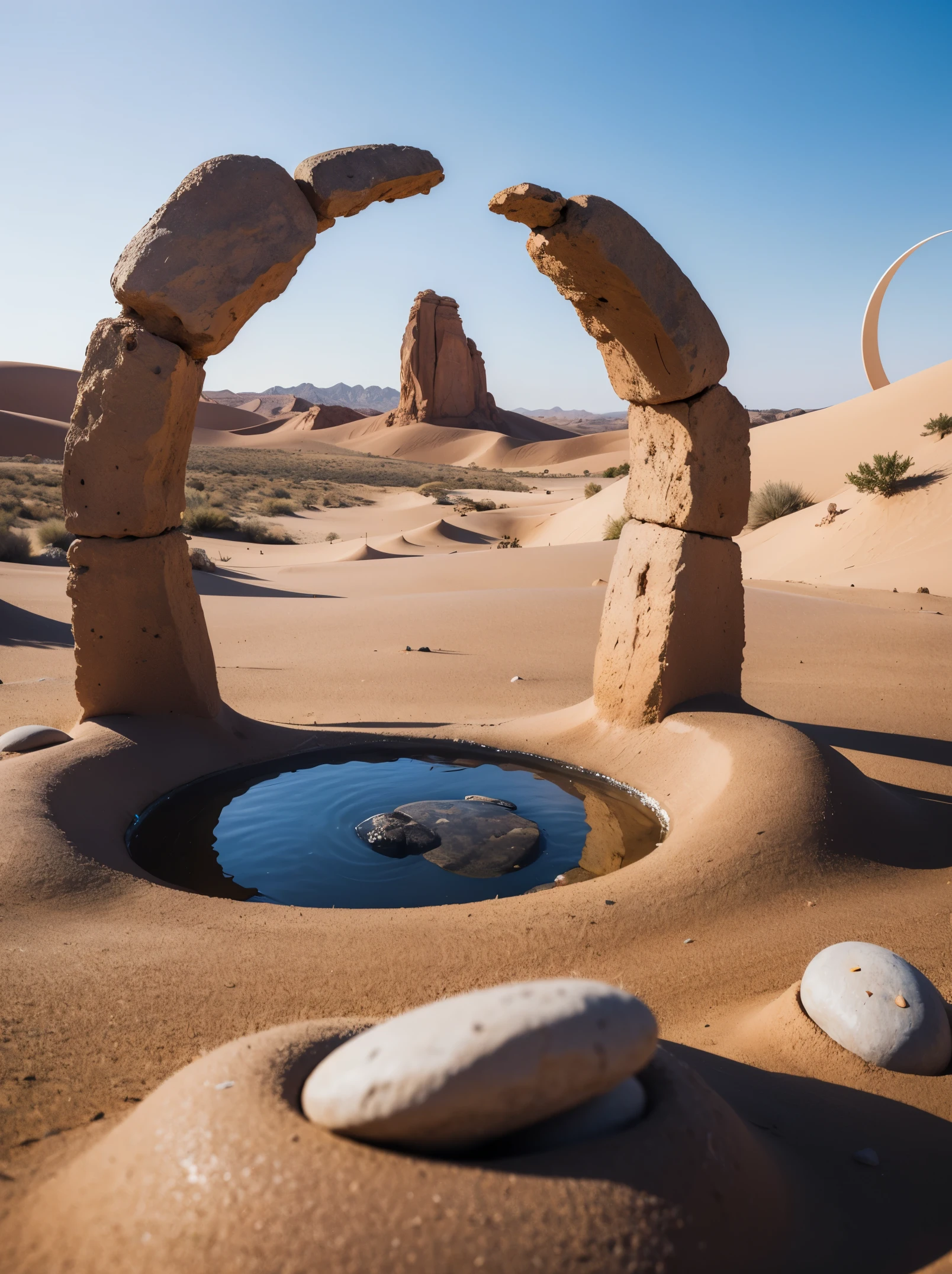 Masterpiece, ultra realistic, from ground, a Stargate in a desert area, with sand and pebbles, and mini-tornadoes in the distance. Foreground blurry rocks.