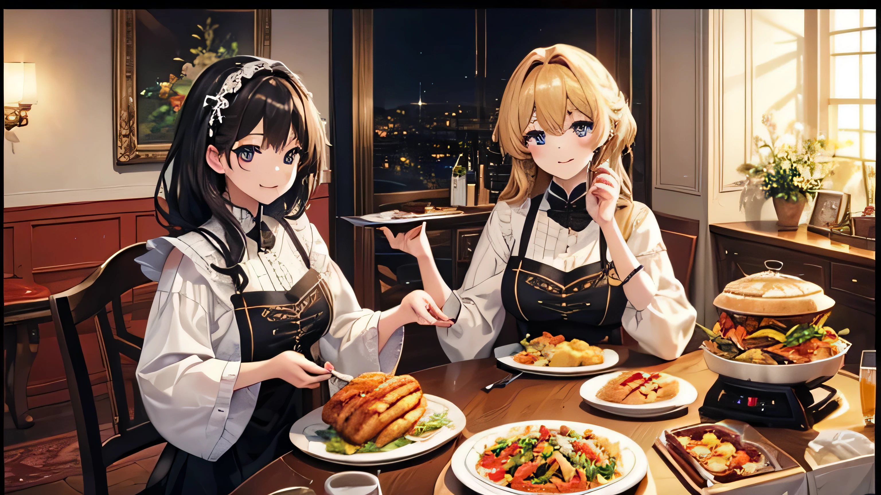 
Best Quality, High Details, Accurate, 
female, 2 girls, both look different. Girl 1: cute, beautiful, blonde hair, long, straight hair, bangs, green emerald eyes, sitting down, busy tavern, inside tavern, wearing long green mage robe, talking to girl 2, fully visible in frame. Girl 2: cute anime girl with brown hair, tied back, wearing a medieval fantasy waitress outfit, standing close to the table, facing girl 1, concerned look on her face, holding a tray.
