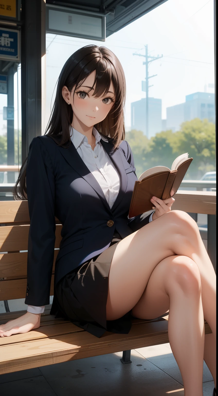 A lovely 35-year-old woman wearing a business suit and tight skirt is sitting on a horizontal wooden bench at the station, reading a book, with her legs crossed.