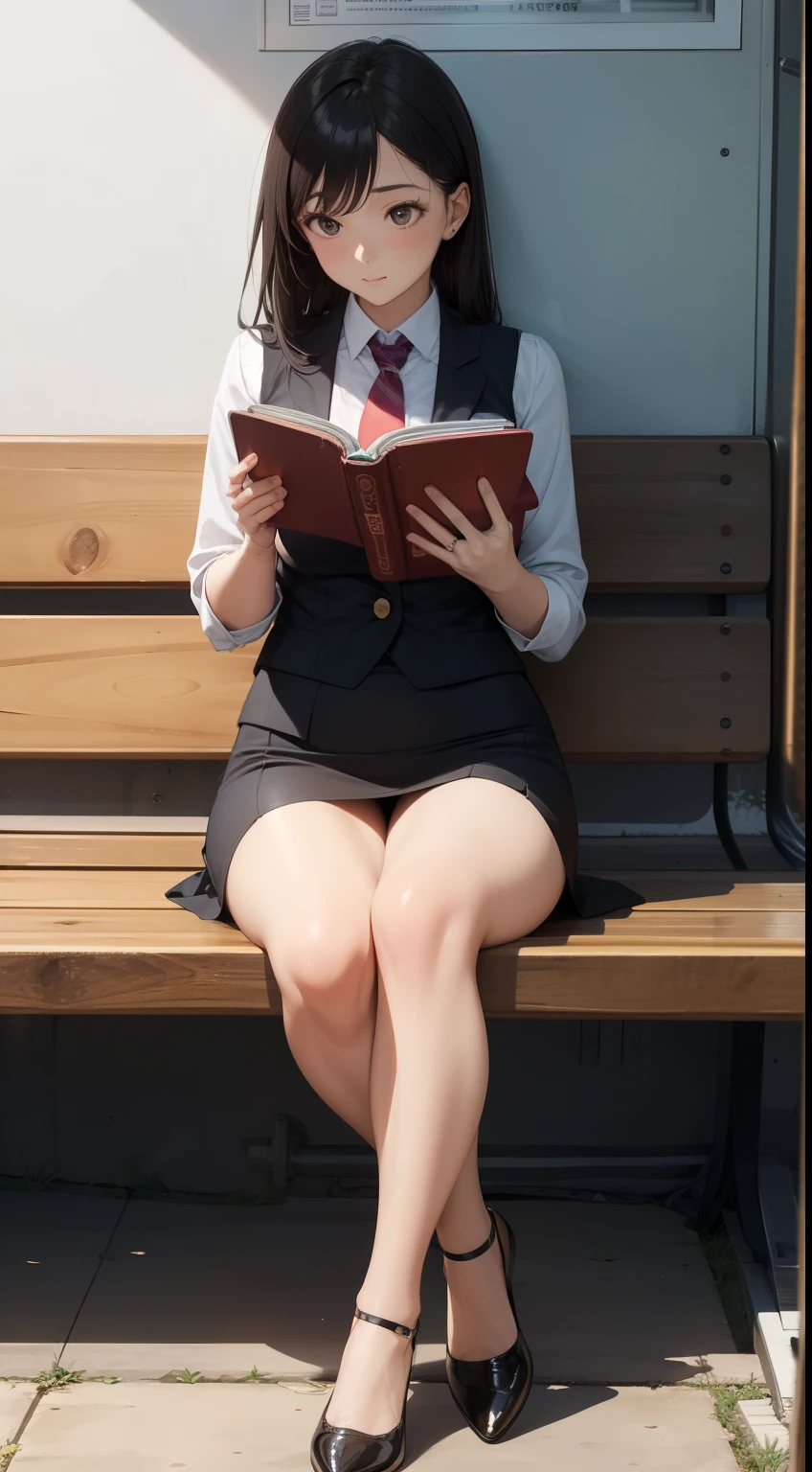 A lovely 35-year-old woman wearing a business suit and tight skirt is sitting on a horizontal wooden bench at the station, reading a book, with her legs crossed.