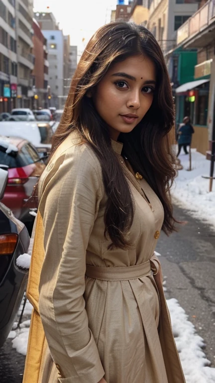 lovely cute young attractive indian girl, brown eyes, gorgeous actress, 23 years old, cute, an Instagram model, long blonde_hair, colorful hair, winter, Indian, who skillfully fuses traditional elements with contemporary style, side camera angle in beautiful dress in city, with others