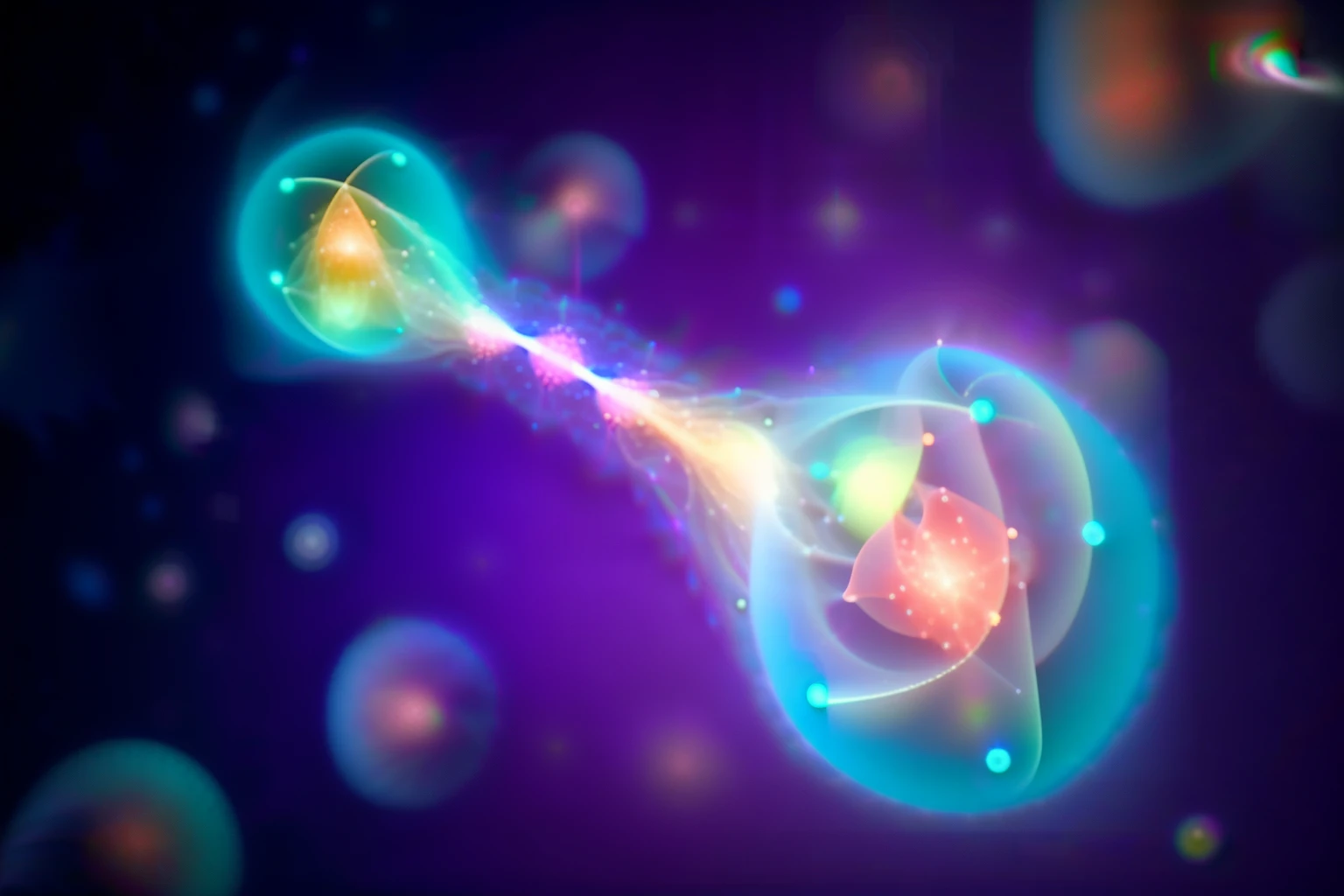 quantum engagement, two particles, ghostly particles, bright blue and red objects, one far and one close, bright light in the middle of two particles, the particles are colorful, There is a bright light pulling the two particles in the middle, There are many fuzzy particles and light spots in the background, The background is like the starry sky and nebulae of the universe, beautiful, science fiction, 4k, 16:9