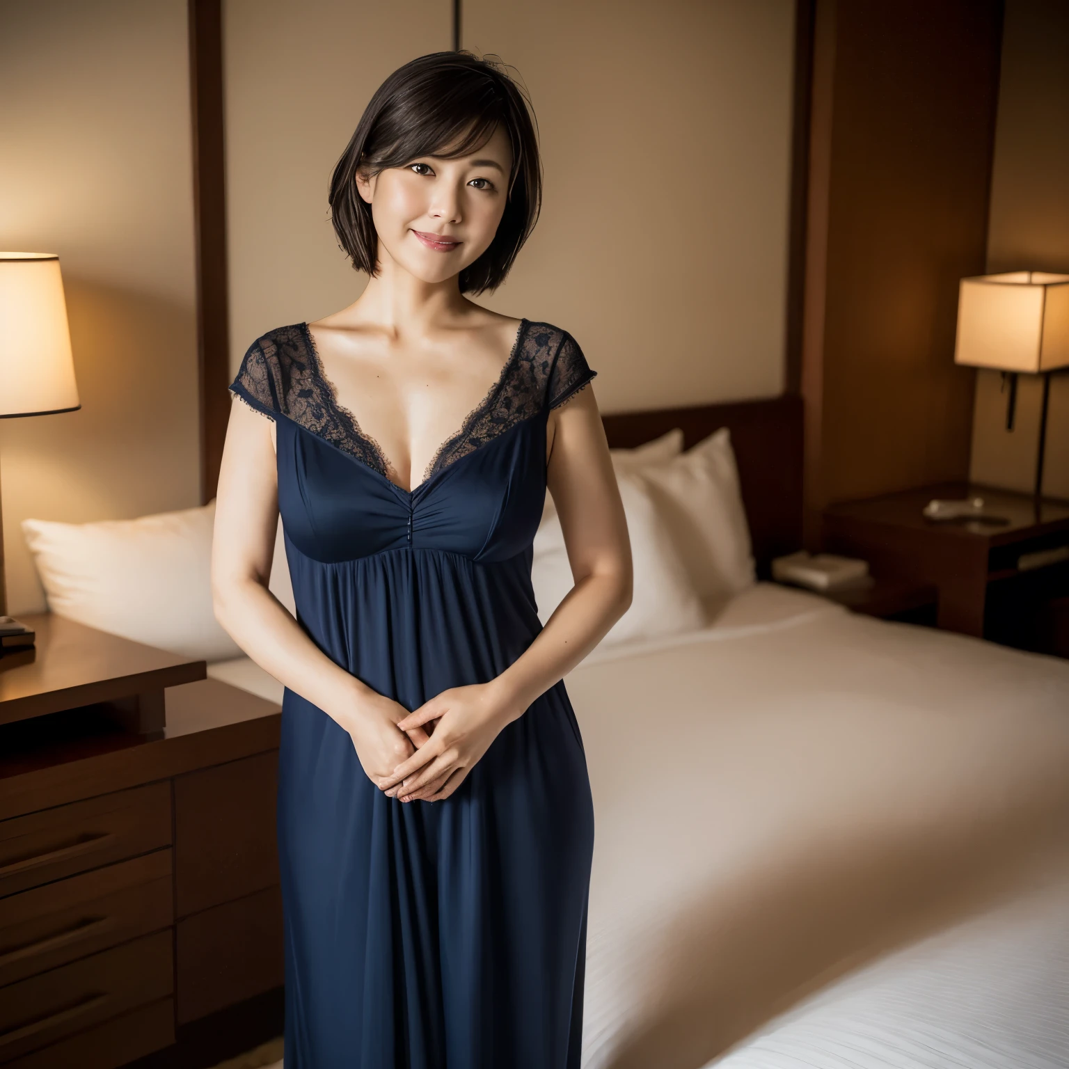 masterpiece, highest quality, High resolution, Photoreal, Raw photo, 8k wallpaper, perfection, romantic professional lighting, very detailed, Depth of bounds written、 (1 45 year old Japanese MILF:1.3)、(solo:1.4)、(accurate anatomy:1.1)、(Chubby body type:1.3), 1 sexy woman, detailed face, beautiful eyes, bangs, big swollen chest,、(Elegant and ladylike navy nightgown:1.2)、perfectionなメイク、long eyelashes、lipstick、(Straight Belly Shorthair:1.3)、plump and beautiful lips, (smile looking at me)、upper body photo、(Standing elegantly in the suite:1.1)、(Moody luxury hotel bedroom:1.1)、romantic mood lighting