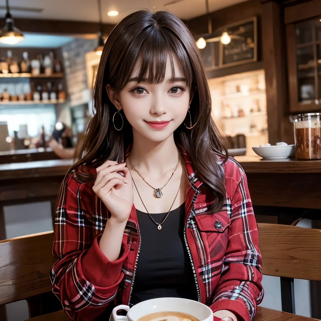 1girl, cafe, red flannel jacket, earrings, necklace, smile, blunt bangs