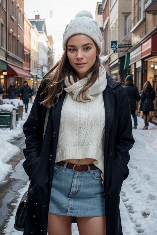 Generate an ultra-realistic image capturing the beauty of a woman in an everyday scenario. Showcase the subject's urban street style fashion, ensuring a vibrant and youthful appearance. Pay special attention to the authenticity of the scene, incorporating a mix of confident and relaxed poses with a warm, inviting ambiance. Winter scenario. Snowy scenario. Face similiar to young Scalett Johansson and Robin Margot
