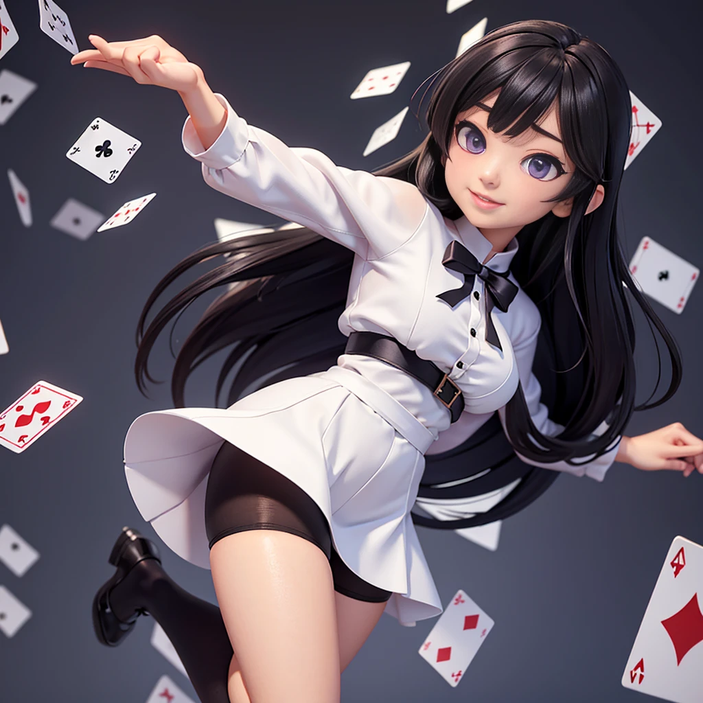 一个有着猫耳朵的女孩穿着black tights,8k highly detailed, casual games, , 3D art style, Full body image,White background,big eyes,black hair,cute,Playing cards in hand,solid color background,long hair,smile slim,White skin,,purple eyes,plump big breasts,black tights