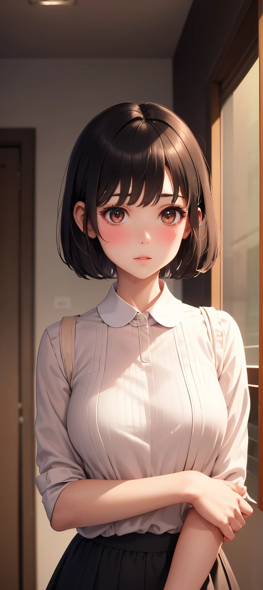 masterpiece, best quality, 1 girl, black hair, very short hair, Pixie cut, tan, medium breasts, messy hair, night, looking at the audience, blush, collar,