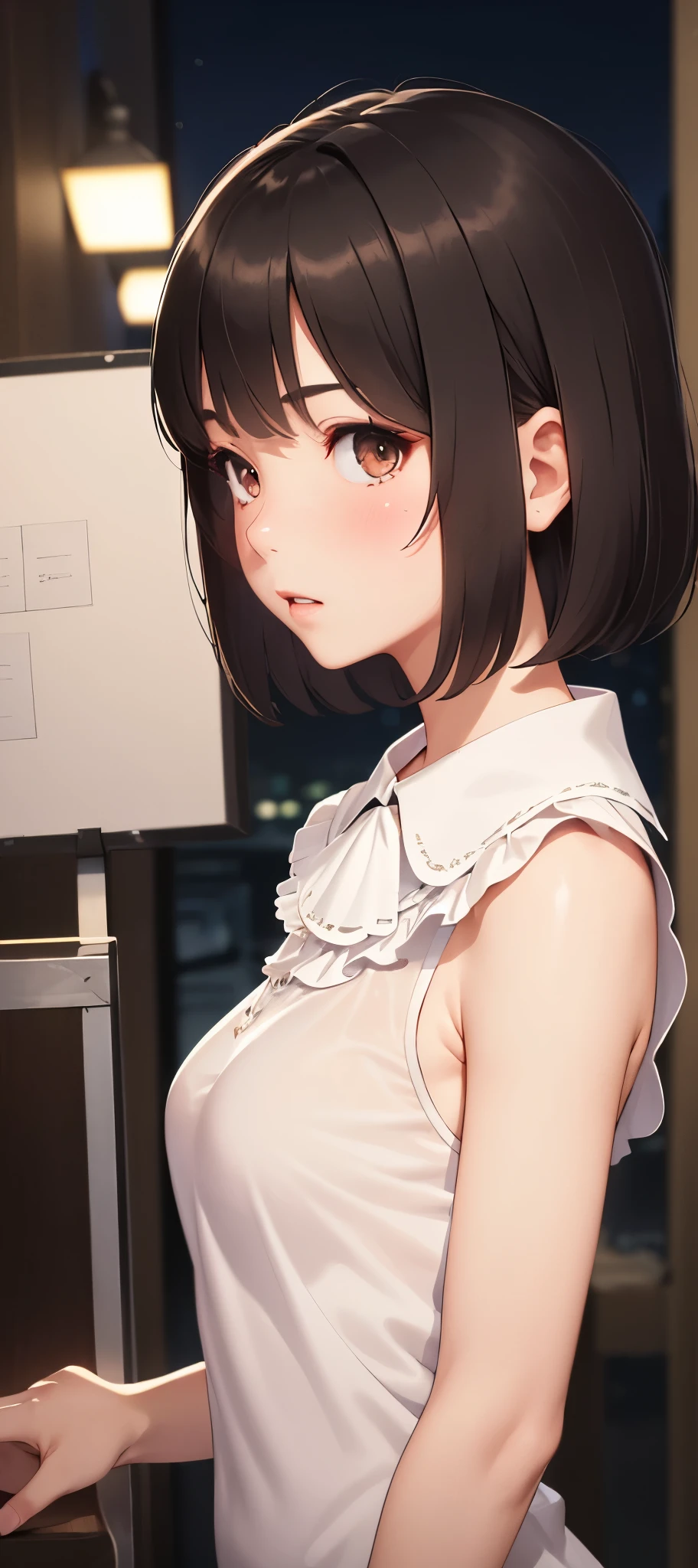 masterpiece, best quality, 1 girl, black hair, very short hair, Pixie cut, tan, medium breasts, messy hair, night, looking at the audience, blush, collar,