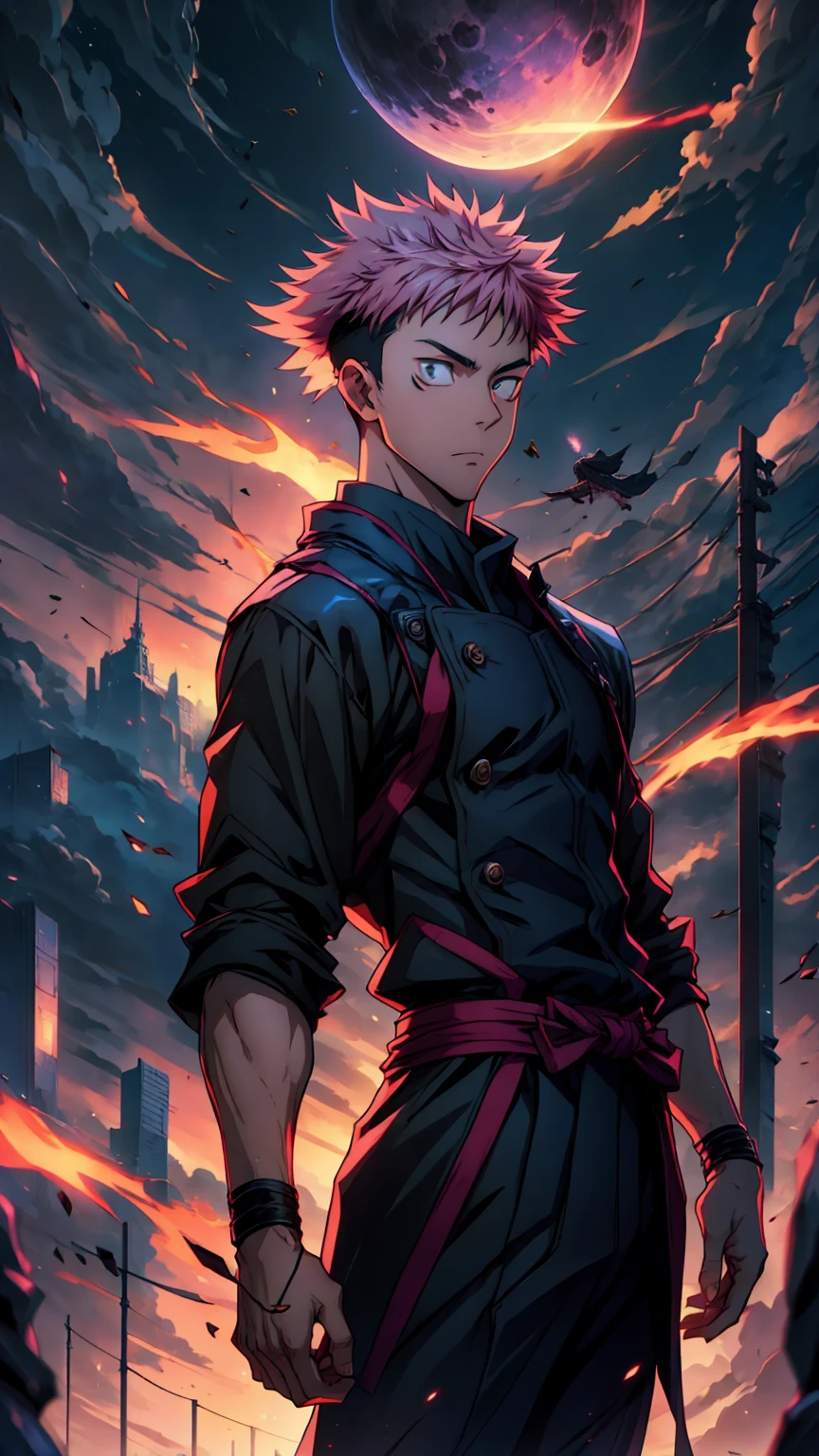 1boy, full body shot, 173 cm, itadori yuuji, black outfit, pink hair, battle pose, red and dark moon city night background, wallpaper, cinematic,High resolution 8K, Bright light illumination, lens flare, sharpness, masterpiece, top-quality, The ultra -The high-definition, high resolution, extremely details CG, Anime style, Film Portrait Photography,masterpiece,hyperdetail