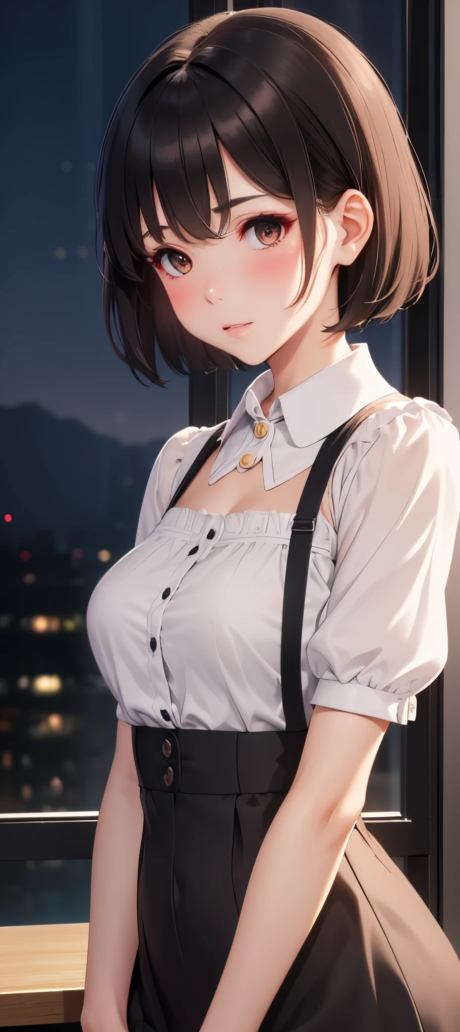 masterpiece, best quality, 1 girl, black hair, very short hair, Pixie cut, tan, medium breasts, messy hair, night, looking at the audience, blush, collar,