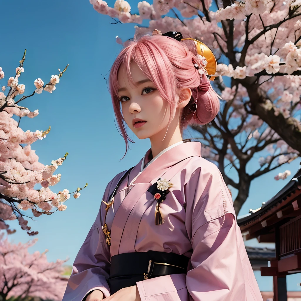 1girl, samurai suit, sakura trees, pink hair