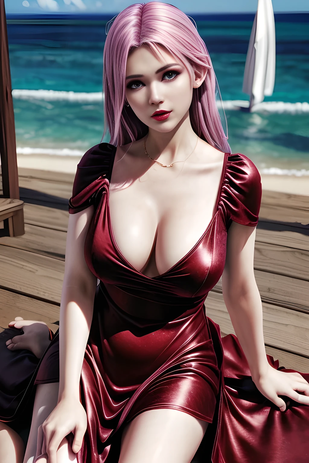1 girl,Alice,(wearing a velvet dress:1.4),(Beaches in the Maldives),jewelry,grace,(((red lips))), Lips slightly open, lustful smile, clavicle,charming figure,huge breasts,Charming cleavage,((8k, original photo, top quality, masterpiece), HD RAW color photos professional close-up photos, (actual, photorealism: 1.37), (best quality), (best shade), ((erotic, Sexy, ultra high resolution, HD CG unified 8K wallpaper, Physically based rendering, movie lighting),alone,