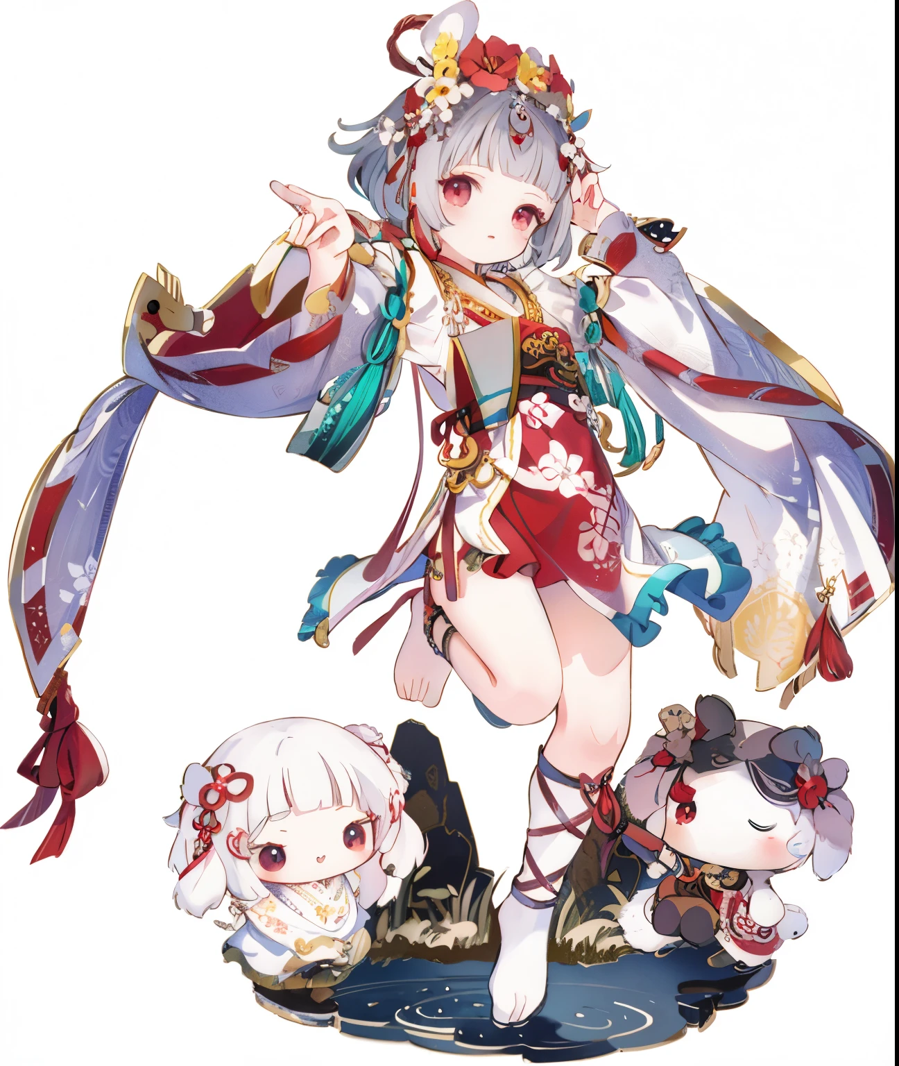 （master piece，best quality：1.2），enlightenment，absurd，High resolution，very detailed，1 ite girl，with short gray hair,，rabbit ears，red eyes，eye highlights，Hanfu，shift dress，Fluffy short sleeves，frills，exterior，flower，舞い散るflowerびら，Upper body，（moon：1.2），night，Depth of bounds written，（:d：0.8），