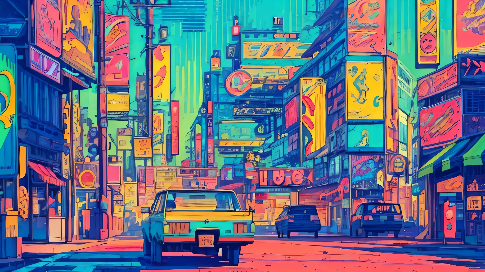 best quality, 4K wallpaper, masterpiece, extremely detailed CG unity 8k wallpaper, extremely detailed eyes, ultra-detailed, intricate details, 1girl, retro art style, neon_pop art style, public, outdoors, road sign, city, people