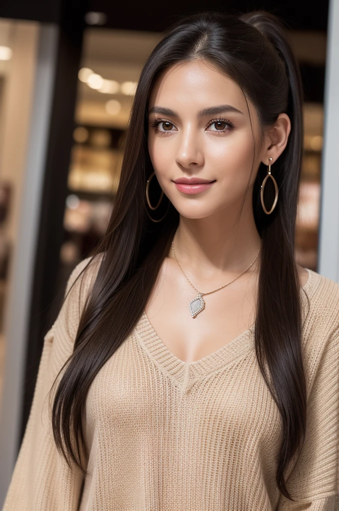 Full-body photograph of a solo stunning 27 year old Spanish woman, wearing a winter jumper, long hair messy ponytail on one side, multiple earrings, bracelet, necklace, painted black nails, looks into the camera, symmetrical eyes, symmetrical face, photorealistic, photography, path tracing, specular lighting, volumetric face light, path traced hair, visible shadows, intricate, elaborate, shopping at the mall, happy, smiling, joyous