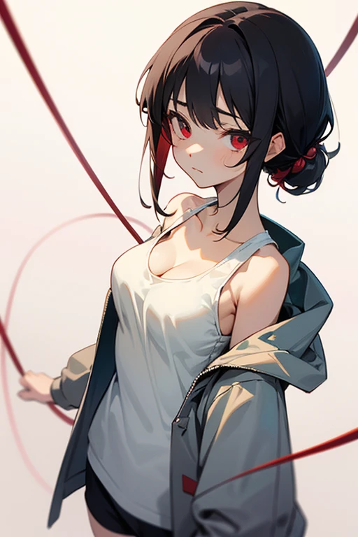 (((masterpiece))), red eyes, 1 girl, alone, looking at the viewer, chignon, black hair, long sleeve, cleavage, medium breasts, closed mouth, clavicle, white tank top, Open Parka, black hoodie, shorts,Expressionless,Two-dimensional beautiful girl,Japan anime beautiful girl,Cool Beautiful Girl,Tie your hair with a red string,chignonの髪型