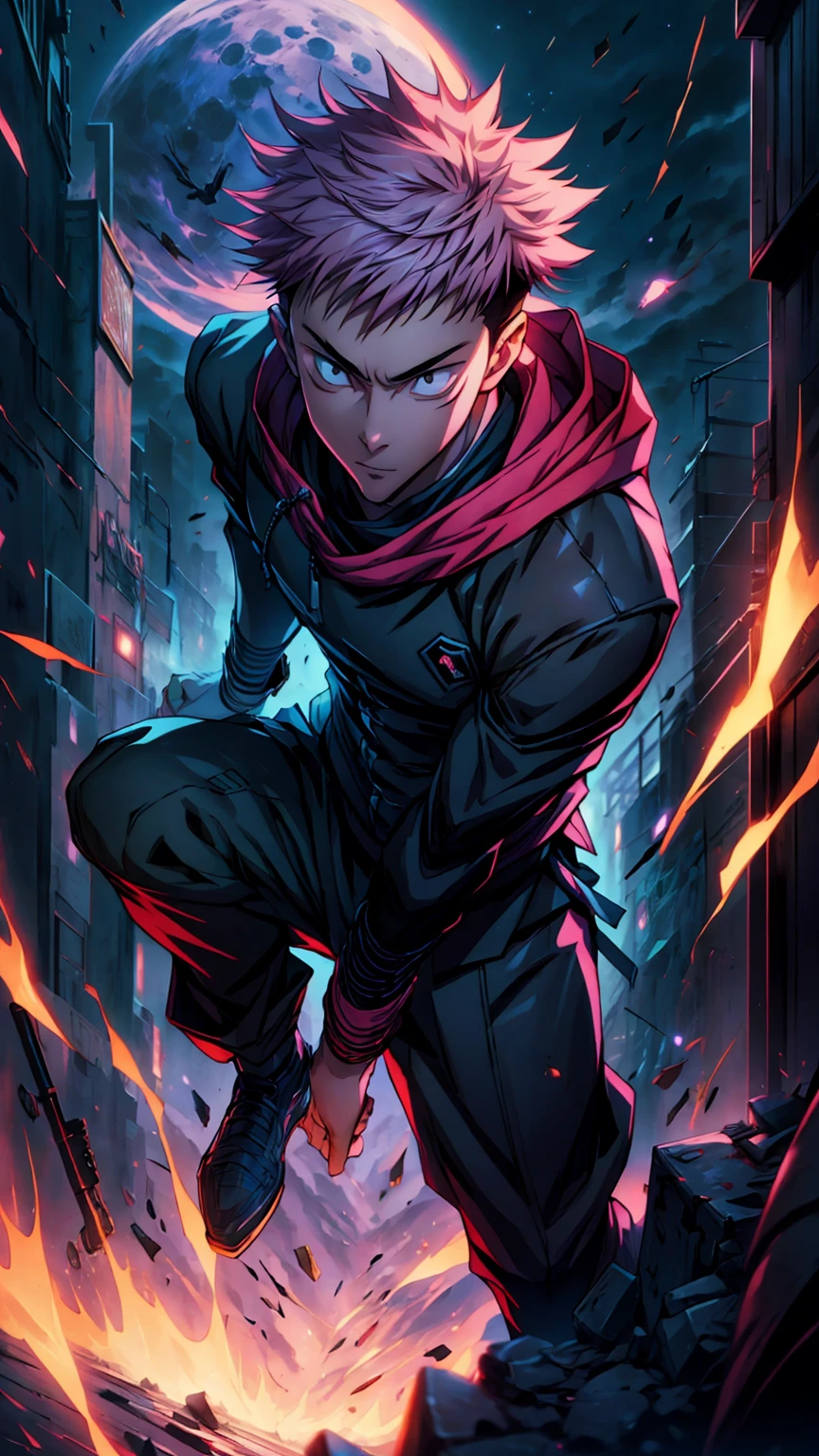 1boy, full body shot, 173 cm, itadori yuuji, black outfit, pink hair, battle pose, red and dark moon city night background, wallpaper, cinematic,High resolution 8K, Bright light illumination, lens flare, sharpness, masterpiece, top-quality, The ultra -The high-definition, high resolution, extremely details CG, Anime style, Film Portrait Photography,masterpiece,hyperdetail