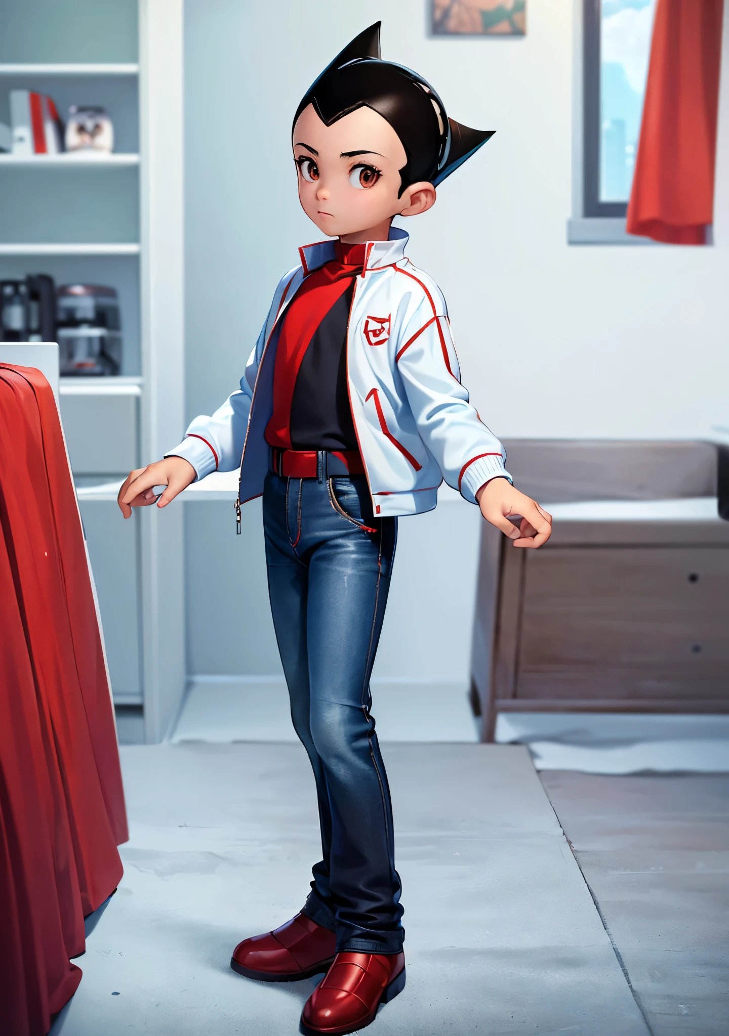 ((best quality)), ((masterpiece)), (detailed), solo, 1boy, perfect face, full body image of Astro Boy, in his room, looking out the window at metro city, brown eyes, wearing a (((((sky blue))))) zip-up jacket with red collar and cuffs, ((((white)))) tshirt, (((black jeans))) with ((red accents)), and red boots.