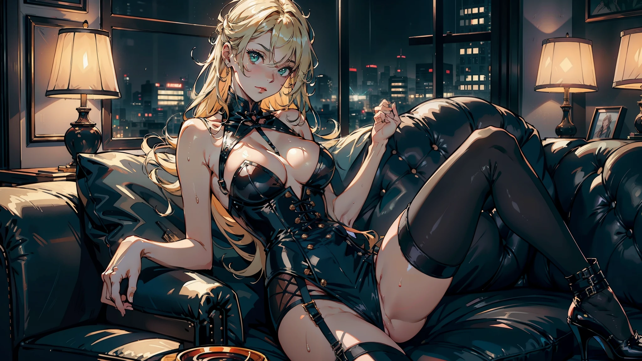 1female,((solo)), ,熟妇,mature,Bigchest,Big breasts Thin waist,long leges,Raised sexy,Pornographic exposure, 独奏,(Background with:in the office, at night, night city view) She has very long blonde hair,lie on the couch,Sweat profusely,drenched all over the body,seen from the front, hair straight, mostly cloudy sky,(((tmasterpiece),(Very detailed CG unity 8K wallpaper),best qualtiy,cinmatic lighting,detailed back ground,beatiful detailed eyes,Bright pupils,(Very fine and beautiful),(Beautiful and detailed eye description),green eyes,ultra - detailed,tmasterpiece,)),facing at camera,(The upper part of the body),A high resolution,ultra - detailed),revealing breasts,Bare genitalia, Bulge,legs are open,sexyposture,Camel toes,Flushed complexion,Open-mouthed,frontage,office lady,(Wearing:lose transparent corset,miniskirt, stocking,garter belt, high heels),Full body photo,Show shoes