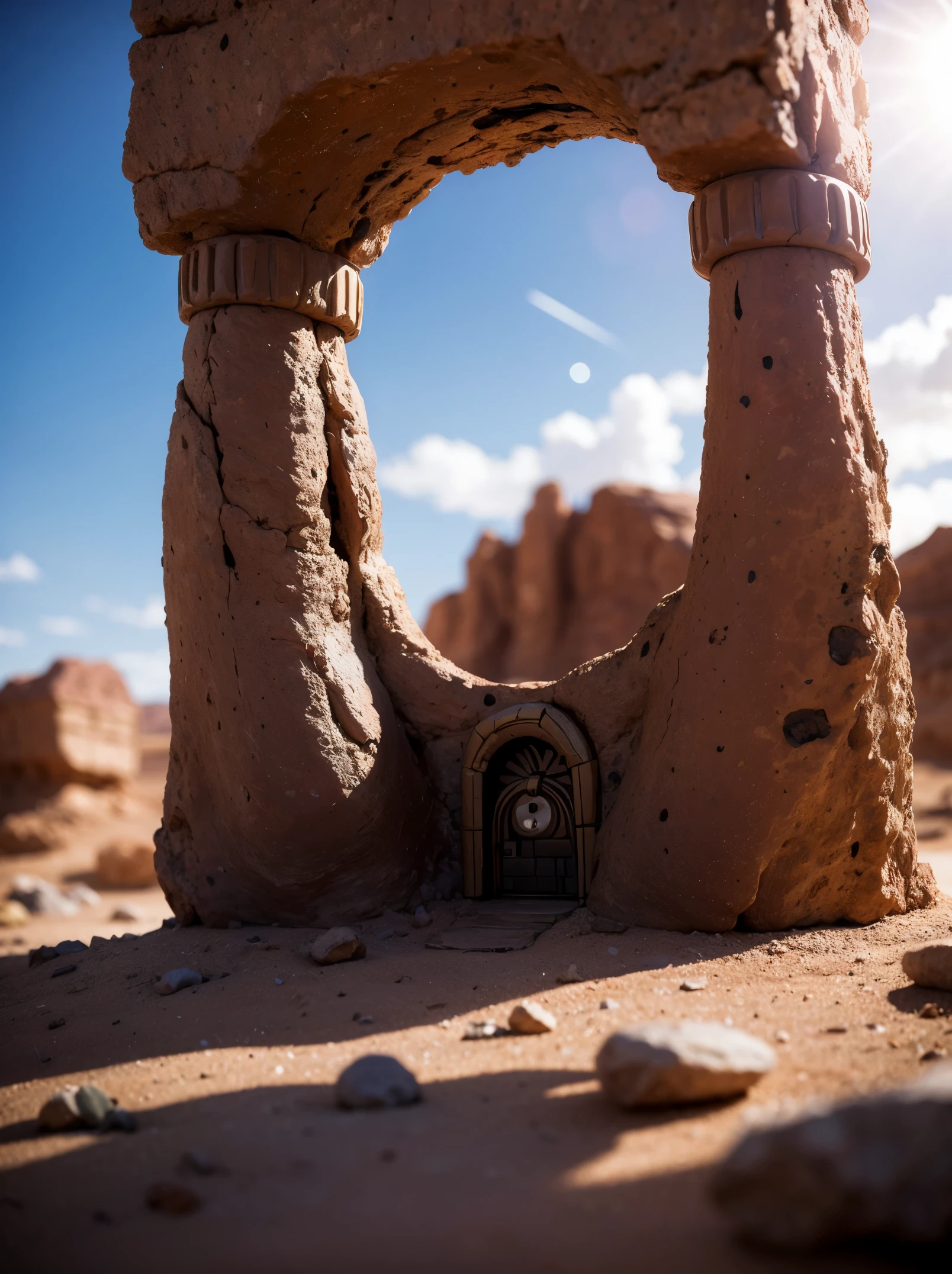 Masterpiece, ultra realistic, from ground, a Stargate in a desert rocky area, mini-tornadoes in the distance. Foreground blurry rocks.