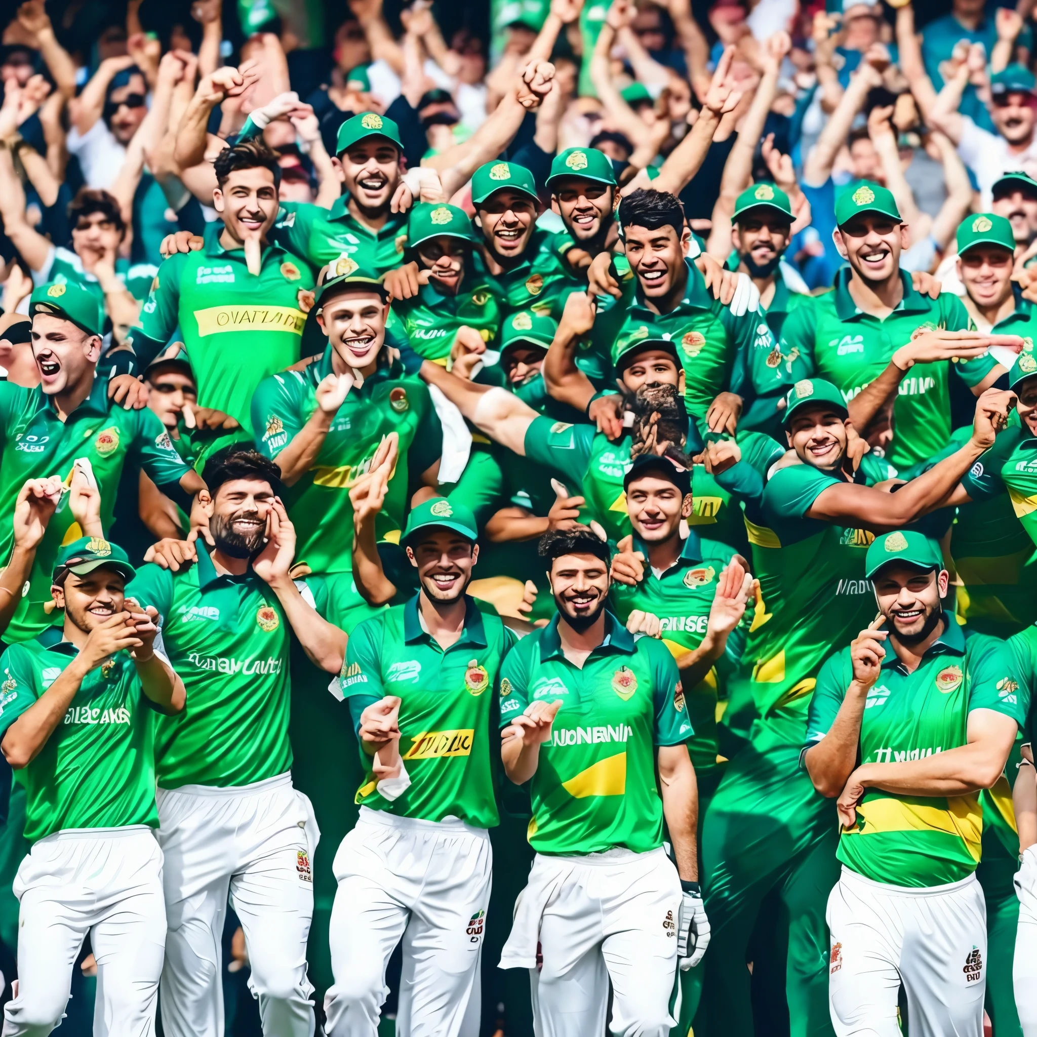 https://discord.com/channels/@me/1194935668007256135/1194935749582270558 a cricket team with full energy with RCB green Jersey hyper realistic 4k