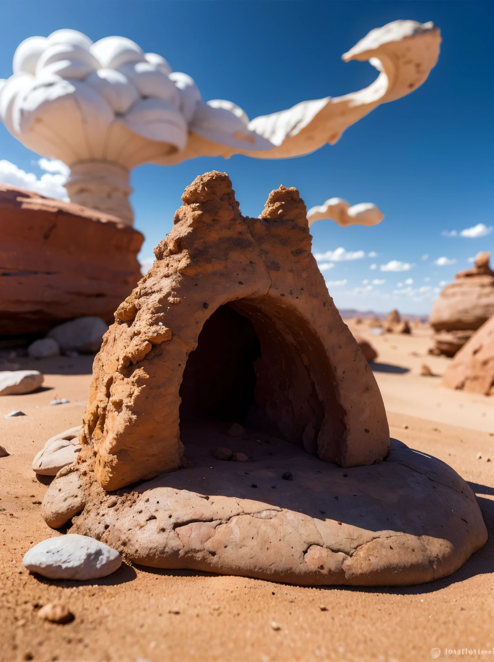 Masterpiece, ultra realistic, from ground, a Stargate in a desert rocky area, mini-tornadoes in the distance. Foreground blurry rocks.
