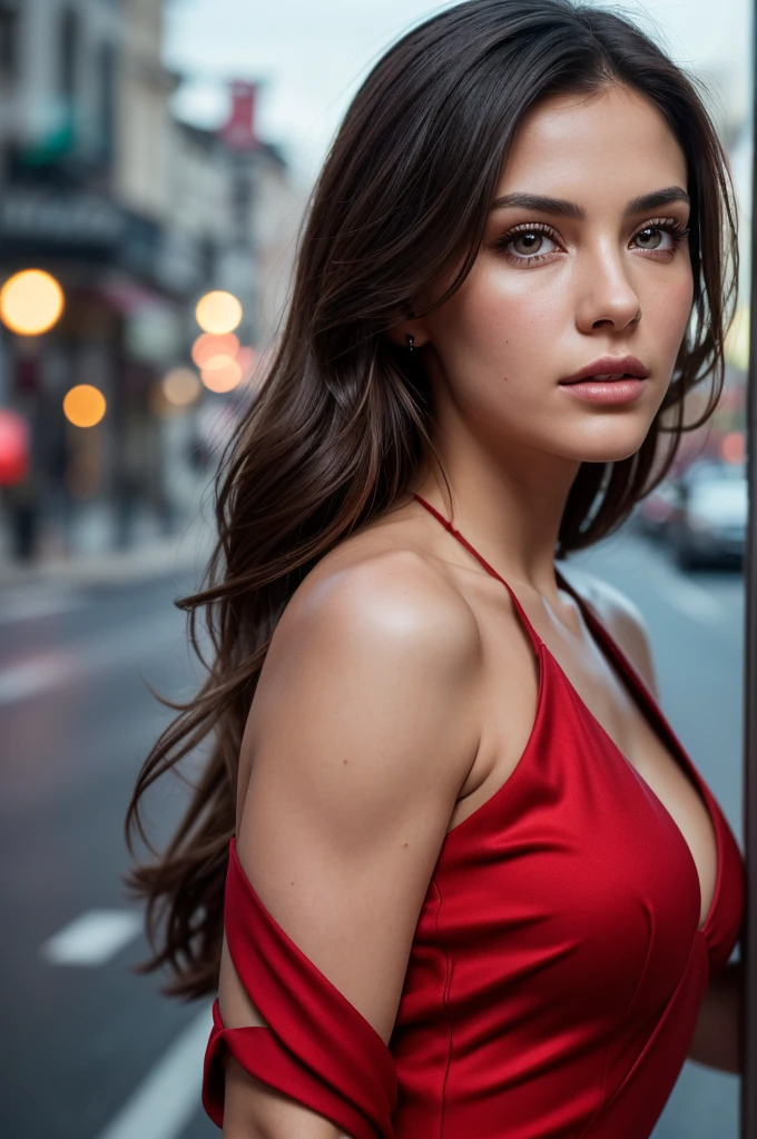 masterpiece, Best Quality, Photorealistic, Ultra-detailed, finely detail, hight resolution, 8k wallpaper, RAW color photo, Professional, high level of detail, Beautiful brunette woman, (detailed brown eyeoco nítido, awardwinning photo, ((Facing the front)), ((Look at viewers)), Small light, Low contrast, Facial symmetry, depth of fields, Cinematic background in road, central image, Lights up softly, (finely detailed skin), pale skin, Realistic skin texture, Extreme skin details, (pores: 0.1), red dress, small bust with good shape, , slim figure, Hourglass body shape