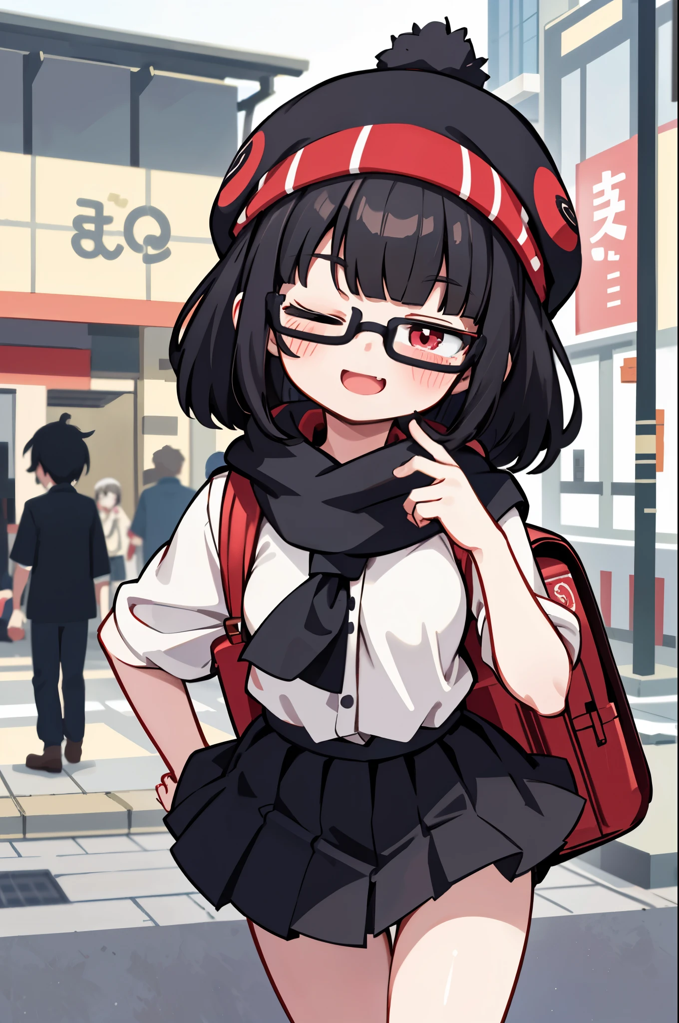 (masterpiece), insanely detailed, absurdres, ultra-highres, ultra-detailed, best quality, 1 girl, solo, nice hands, perfect hands, best quality, high quality, perfect lighting, cute little girl, detailed face, detailed body, small breasts, dynamic pose, cowboy shot, looking at viewer, anime moe artstyle, full body model, kawaii, black hair, fluffy cut hair, (short) red eyes, beautiful woman, 1 girl, solo, cute girl, blushing, expressive eyes, (one eye closed, wink:1.2), perfect face, happy smile, laugh, open mouth, black beanie, fluffy cut black hair, black scarf, red japanese backpack, (wearing black school uniform), short skirt, Round Glasses Black, white skin, smug face, by Canon EOS, SIGMA Art Lens 35mm F1.4, ISO 200 Shutter Speed 2000, in harajuku, shibuya, tokyo, street, crowd, cityscape, medium breasts, (cleavage:-1.5), 