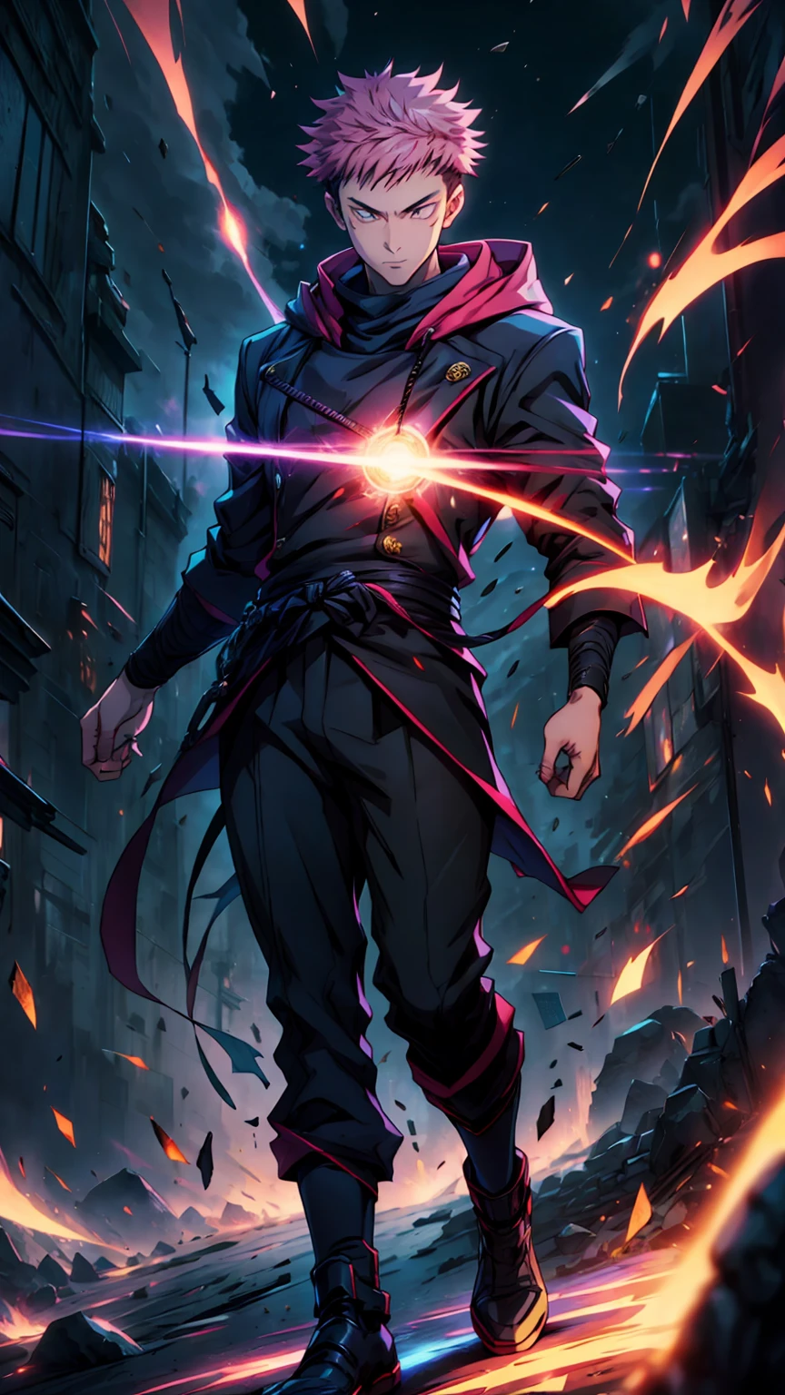 1boy, full body shot, 173 cm, itadori yuuji, black outfit, pink hair, battle pose, red and dark moon city night background, wallpaper, cinematic,High resolution 8K, Bright light illumination, lens flare, sharpness, masterpiece, top-quality, The ultra -The high-definition, high resolution, extremely details CG, Anime style, Film Portrait Photography,masterpiece,hyperdetail