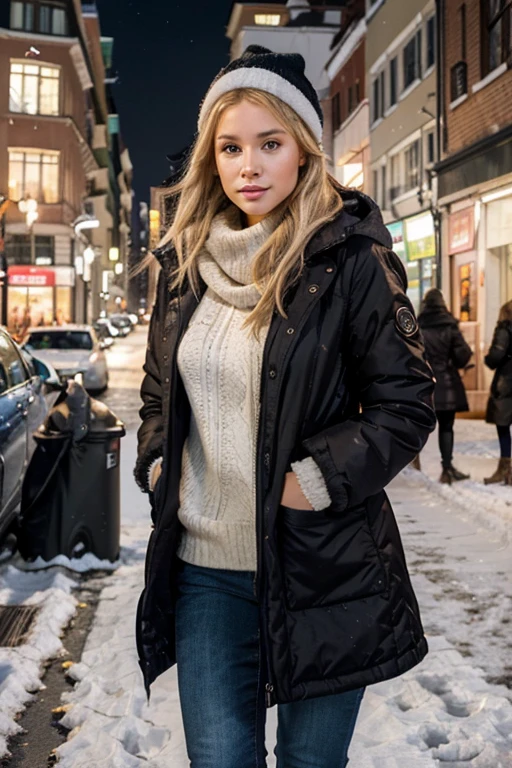 Generate an ultra-realistic image capturing the beauty of a woman in an everyday scenario. Showcase the subject's urban street style fashion, ensuring a vibrant and youthful appearance. Pay special attention to the authenticity of the scene, incorporating a mix of confident and relaxed poses with a warm, inviting ambiance. Winter scenario. Snowy scenario. Winter elegant outfit. Warsaw, Poland streets in the background. Face similiar to young Joanna Krupa. Light blonde hair