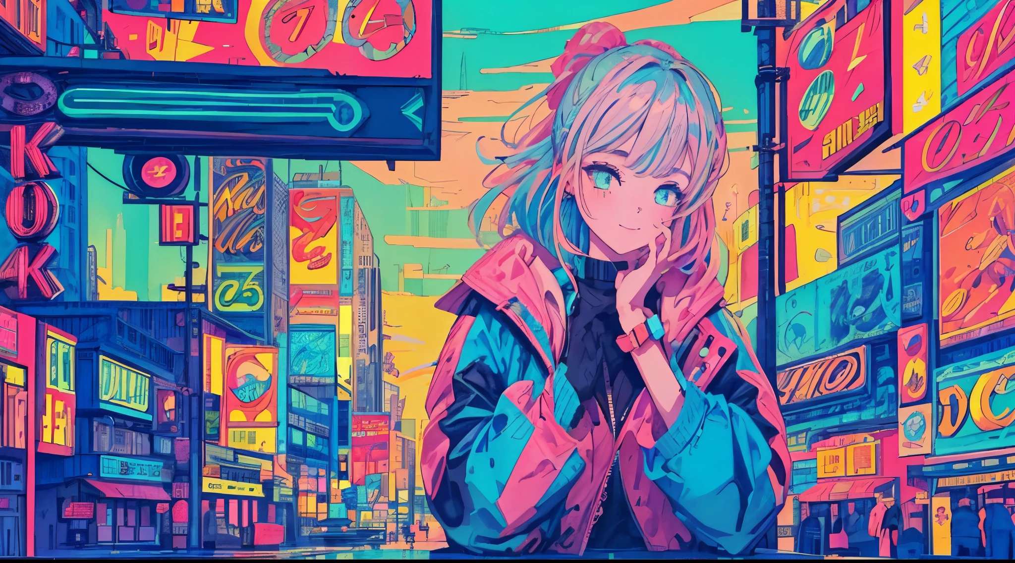 best quality, 4K wallpaper, masterpiece, extremely detailed CG unity 8k wallpaper, extremely detailed eyes, ultra-detailed, intricate details, 1 happy girl in center, retro art style, neon_pop art style,  public, outdoors, road sign, city, people