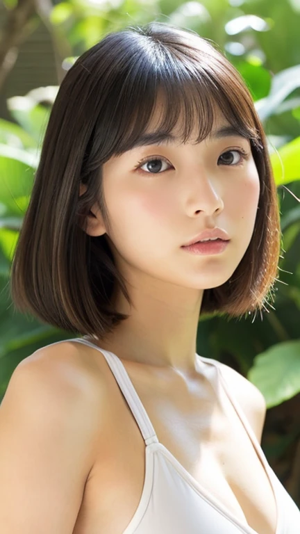 ((highest quality, 8K, masterpiece: 1.3)), woman (hot spring bathing),big breasts、 sweating, water droplets on the forehead of the face, outdoor, background forest, sharp focus: 1.2, cute woman: 1.4, (layered haircut)), (white shirt), highly detailed face、skin、hair texture, 結びeyeのある黒髪, wet textured hair, wet body, detailed eye, double eyelid, 白いskin, beautiful feet, beautiful and delicate nose, かわいい若い日本のwoman, 12 years old, with a dynamic angle, Creates a melancholy feeling characterized by gentle tones and contrasts of light and shadow, while emphasizing the subject's hair., eye, words and actions, それはeyeに心地よく、