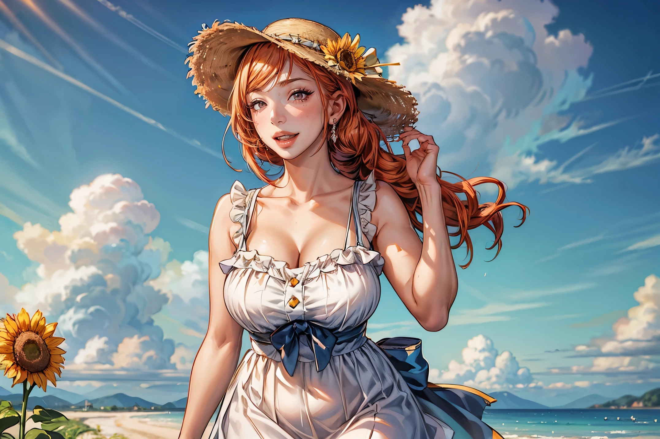 1girl, (arisugawa natsuha), hair ornamnet, long hair, orange hair, hat, solo, flower, dress, sunflower, outdoors, white dress, smile, long hair, looking at viewer, sky, bangs, breasts, open mouth, cloud, earrings, sundress, day, sun hat, blush, teeth, cleavage, :d, collarbone, jewelry, blue sky, (straw hat), sleeveless dress, ribbon, summer, sleeveless, hand on headwear, mature female, MILF, 30yo, bare shoulders, bow, huge breasts, sagging breast,  perfect female body, narrow waist, chubby, plump, BBW, field, yellow flower, hat ribbon, frilled dress, frills, standing, blurry, hat bow