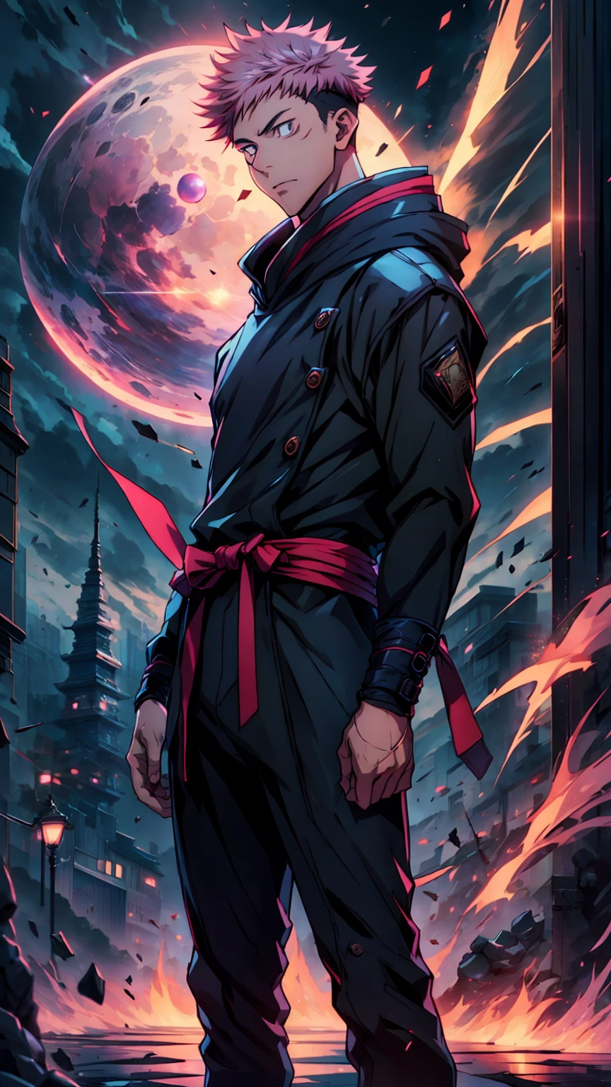 1boy, full body shot, 173 cm, itadori yuuji, black outfit, pink hair, battle pose,  red and dark moon city night background, wallpaper, cinematic,High resolution 8K, Bright light illumination, lens flare, sharpness, masterpiece, top-quality, The ultra -The high-definition, high resolution, extremely details CG, Anime style, Film Portrait Photography,masterpiece,hyperdetail